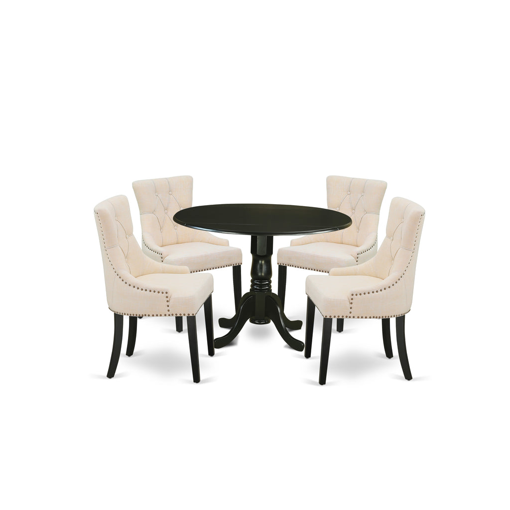 East West Furniture DLFR5-BLK-02 5 Piece Modern Dining Table Set Includes a Round Wooden Table with Dropleaf and 4 Light Beige Linen Fabric Upholstered Chairs, 42x42 Inch, Black