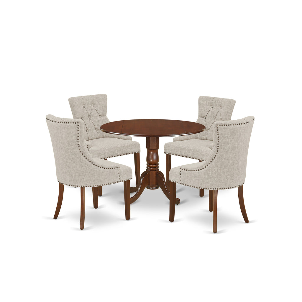 East West Furniture DLFR5-MAH-05 5 Piece Dinette Set for 4 Includes a Round Dining Room Table with Dropleaf and 4 Doeskin Linen Fabric Parson Dining Chairs