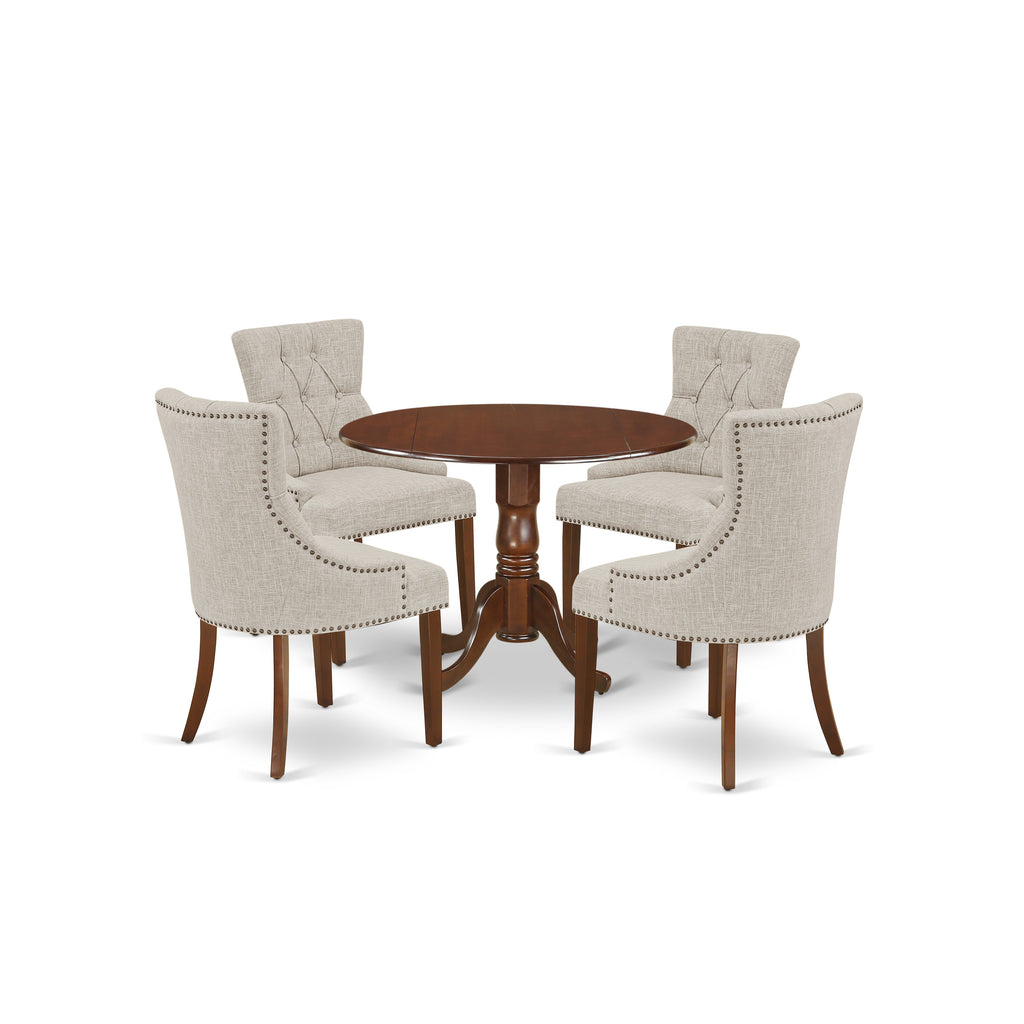 East West Furniture DLFR5-MAH-05 5 Piece Dinette Set for 4 Includes a Round Dining Room Table with Dropleaf and 4 Doeskin Linen Fabric Parson Dining Chairs, 42x42 Inch, Mahogany
