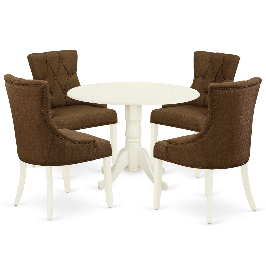 East West Furniture DLFR5-WHI-18 5 Piece Kitchen Table Set for 4 Includes a Round Dining Room Table with Dropleaf and 4 Brown Linen Linen Fabric Upholstered Chairs
