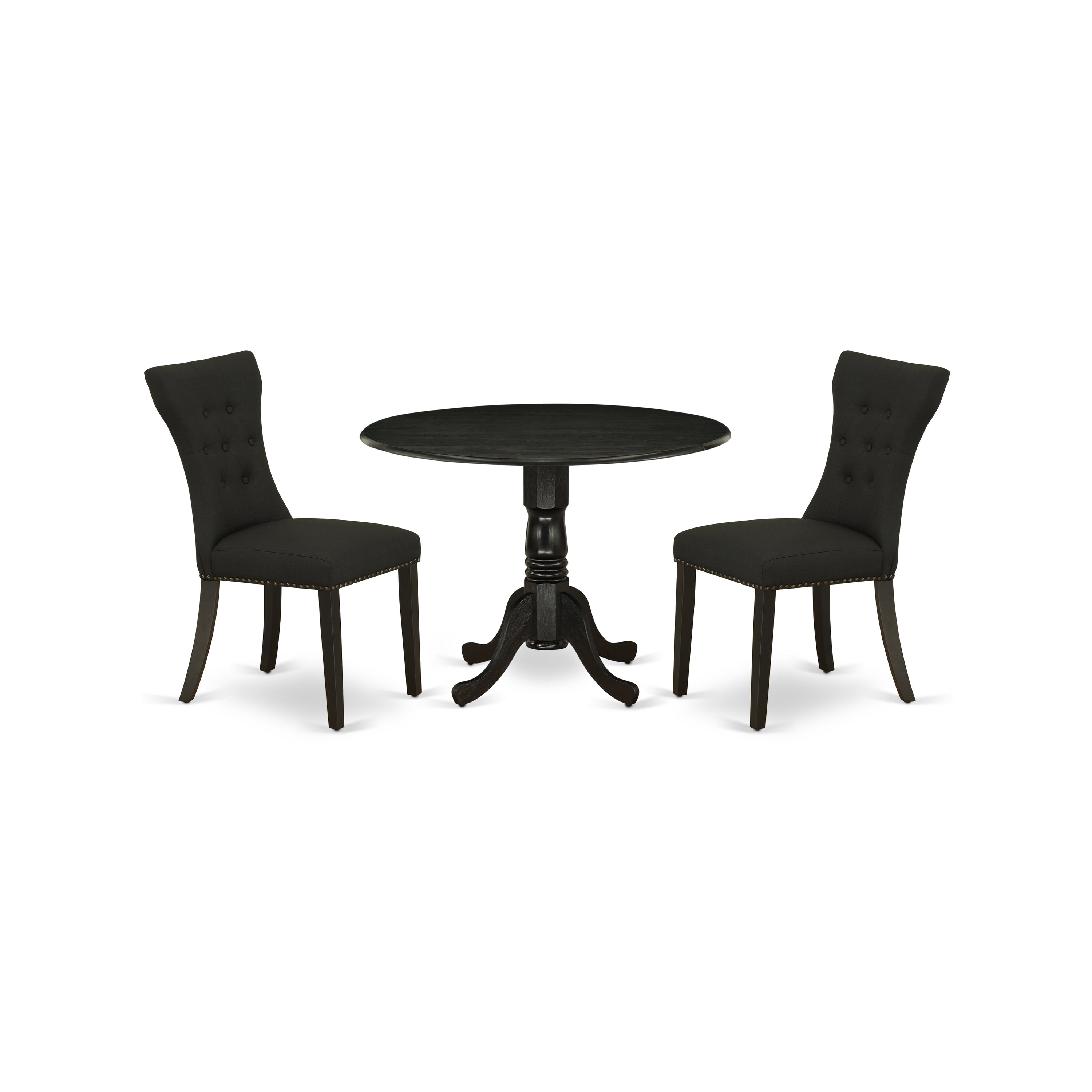East West Furniture DLGA3-ABK-24 3-Pc Dining Kitchen Table Set Included a Round Breakfast Table & 2 Parsons Dining Chairs, Black Linen Fabric Padded Parson Chairs Seat with Rubber Wood Legs, Wirebrushed Black Finish