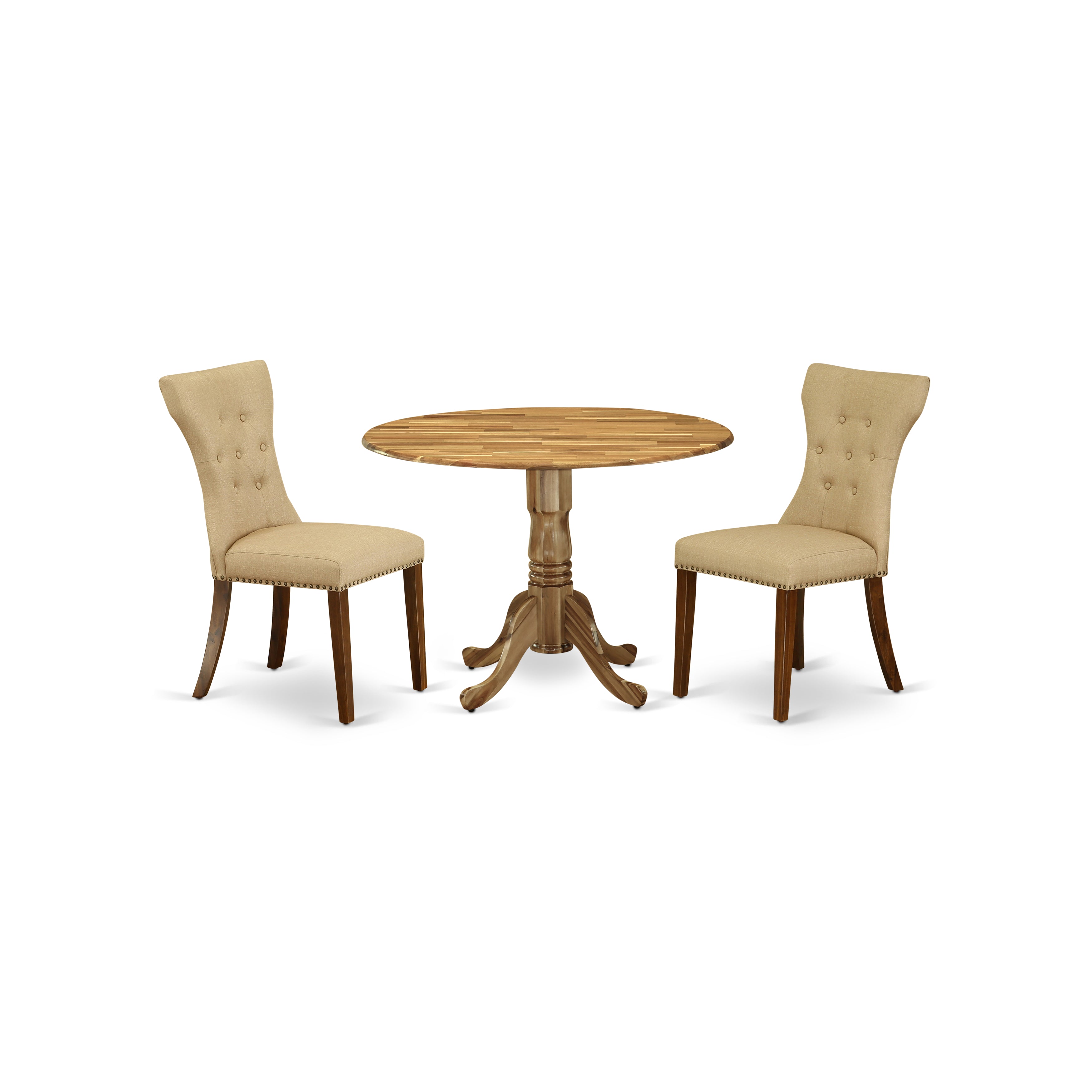 East West Furniture DLGA3-ANA-03 3-Piece Table and Chairs Dining Set Round Included a Kitchen Table & 2 Kitchen Parson Chairs, Brown Linen Fabric Dining Room Chairs Seat with Rubber Wood Legs, Natural Finish