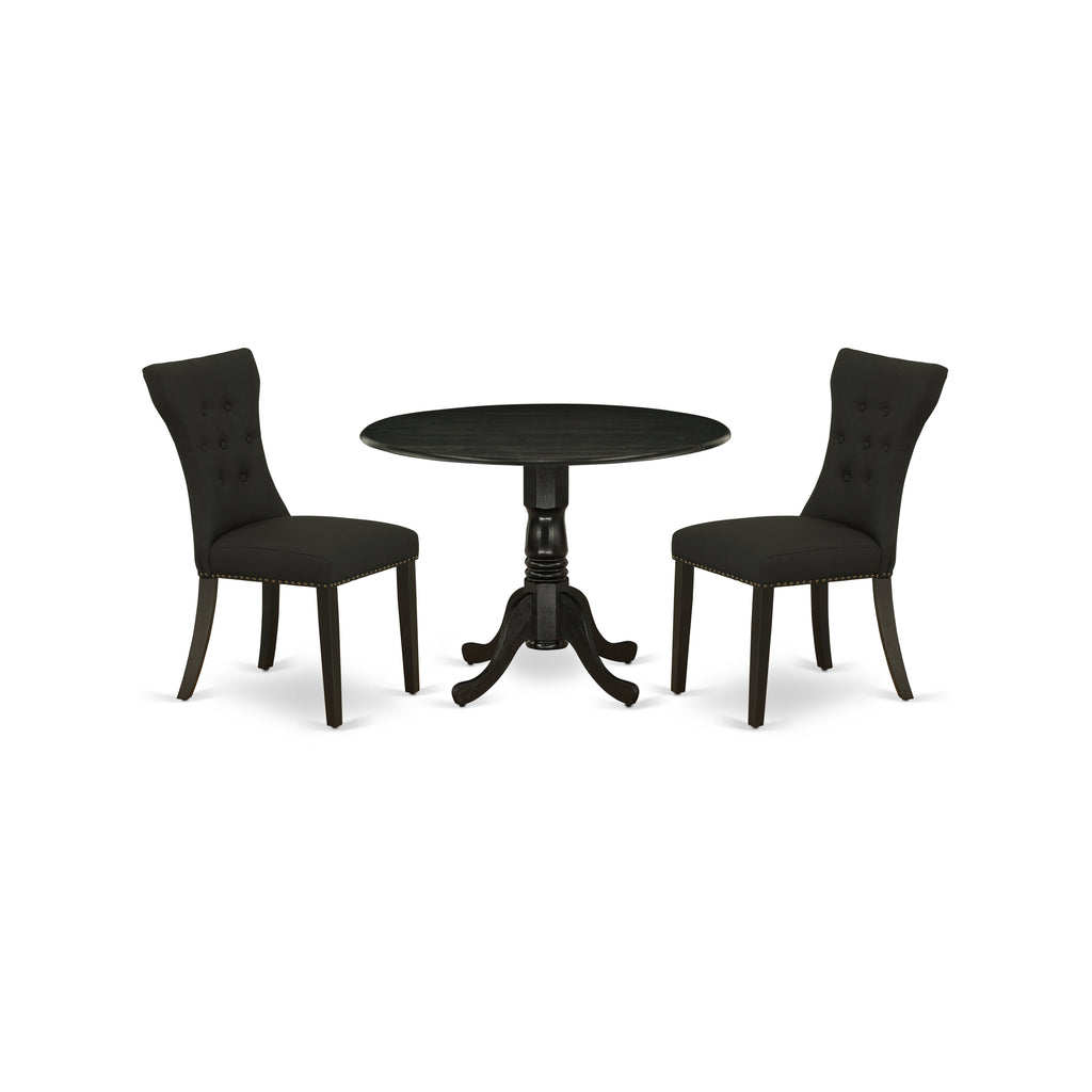 East West Furniture DLGA3-BLK-24 3 Piece Kitchen Table & Chairs Set Contains a Round Dining Room Table with Dropleaf and 2 Black Linen Fabric Parsons Dining Chairs, 42x42 Inch, Black