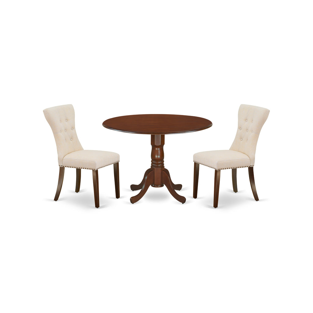 East West Furniture DLGA3-MAH-32 3 Piece Modern Dining Table Set Contains a Round Wooden Table with Dropleaf and 2 Light Beige Linen Fabric Parsons Dining Chairs