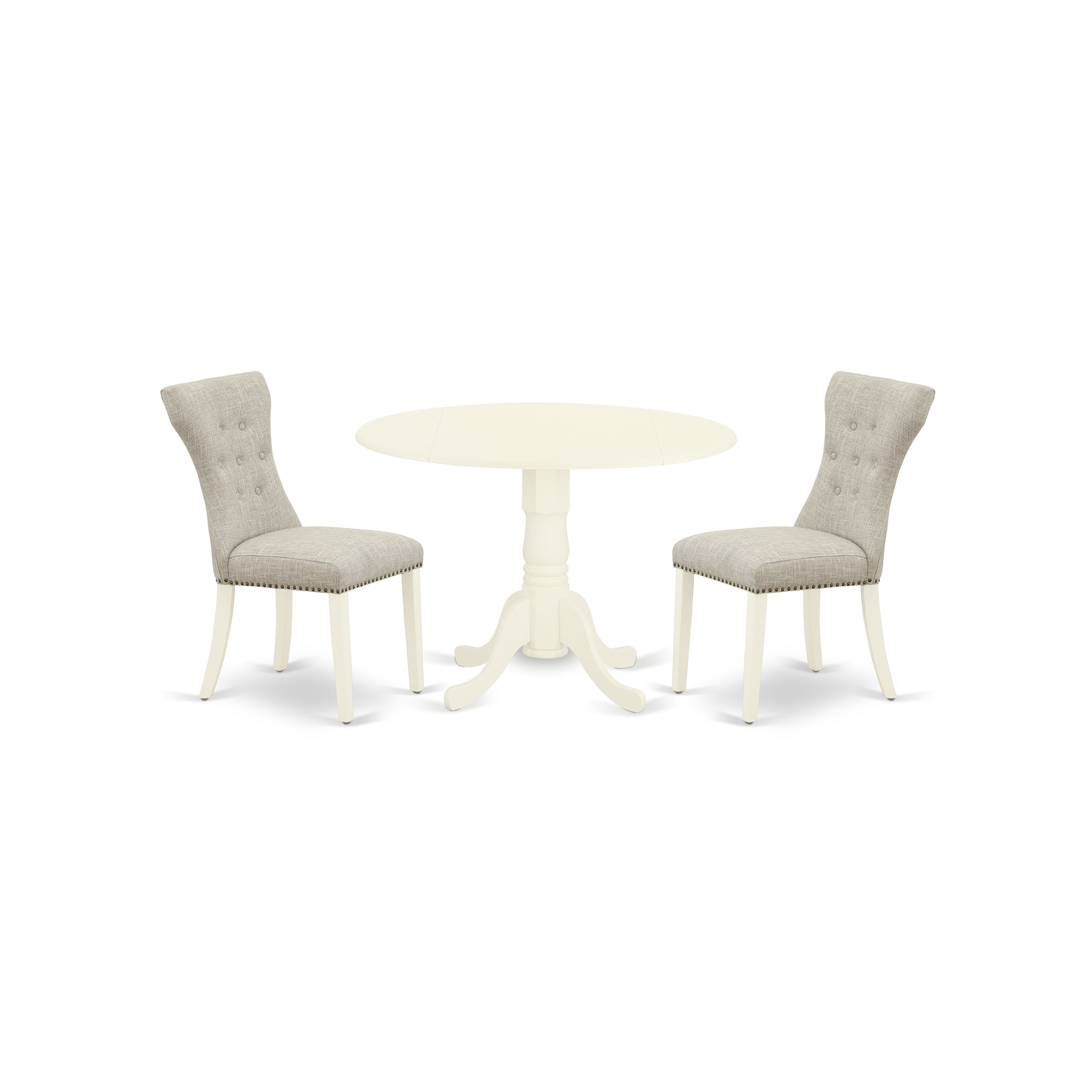 Juego de comedor de 3 piezas East West Furniture DLGA3-WHI-35. Incluye una mesa de comedor redonda con alas abatibles y dos sillas Parson tapizadas en tela de lino y piel de venado.