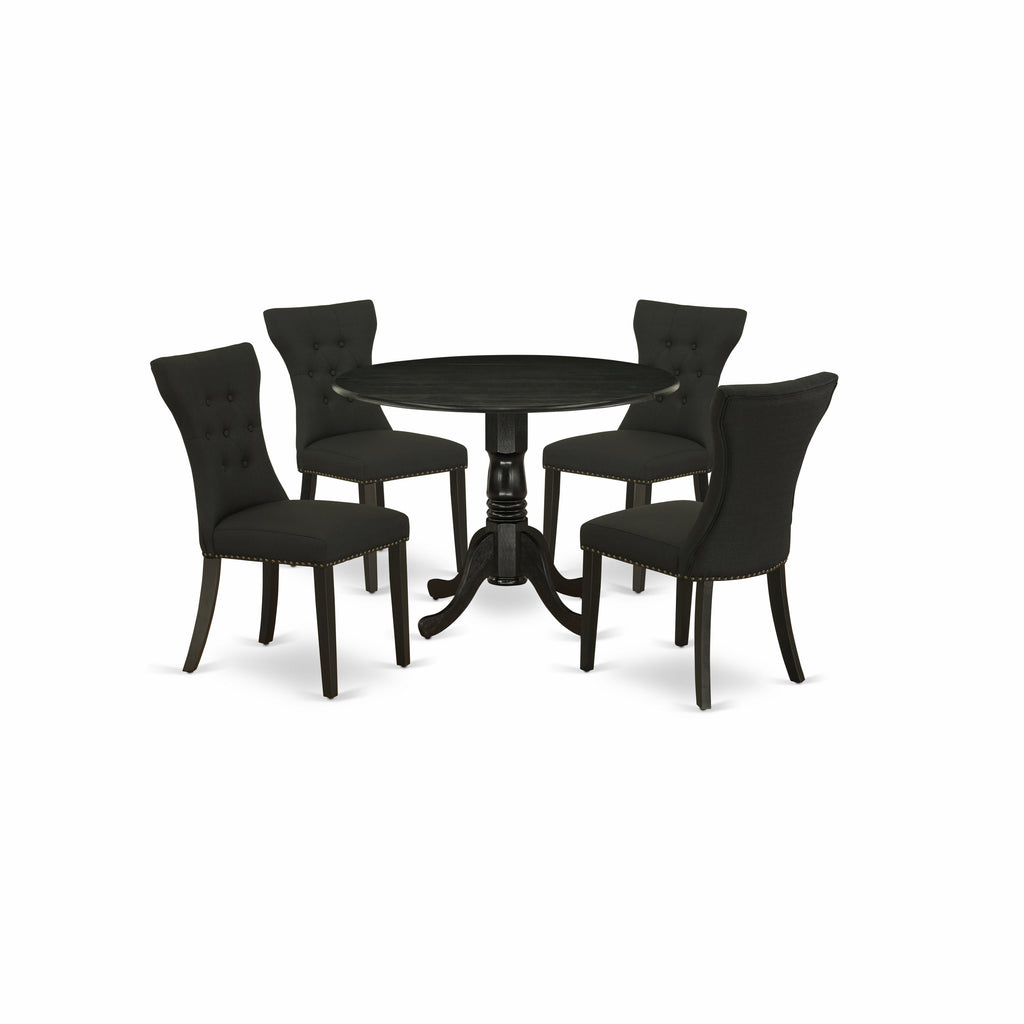 East West Furniture DLGA5-ABK-24 5 Piece Kitchen Table & Chairs Set Includes a Round Dining Room Table with Dropleaf and 4 Black Linen Fabric Parsons Dining Chairs
