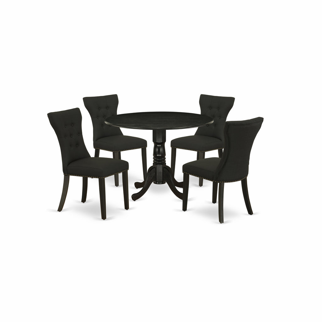 East West Furniture DLGA5-ABK-24 5 Piece Kitchen Table & Chairs Set Includes a Round Dining Room Table with Dropleaf and 4 Black Linen Fabric Parsons Dining Chairs, 42x42 Inch, Wirebrushed Black