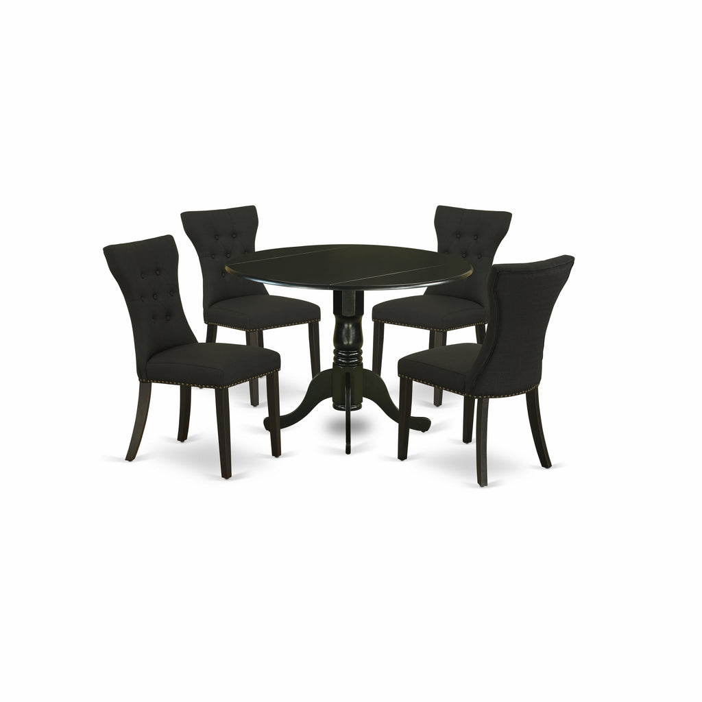East West Furniture DLGA5-BLK-24 5 Piece Kitchen Table Set for 4 Includes a Round Dining Room Table with Dropleaf and 4 Black Linen Fabric Upholstered Chairs, 42x42 Inch, Black