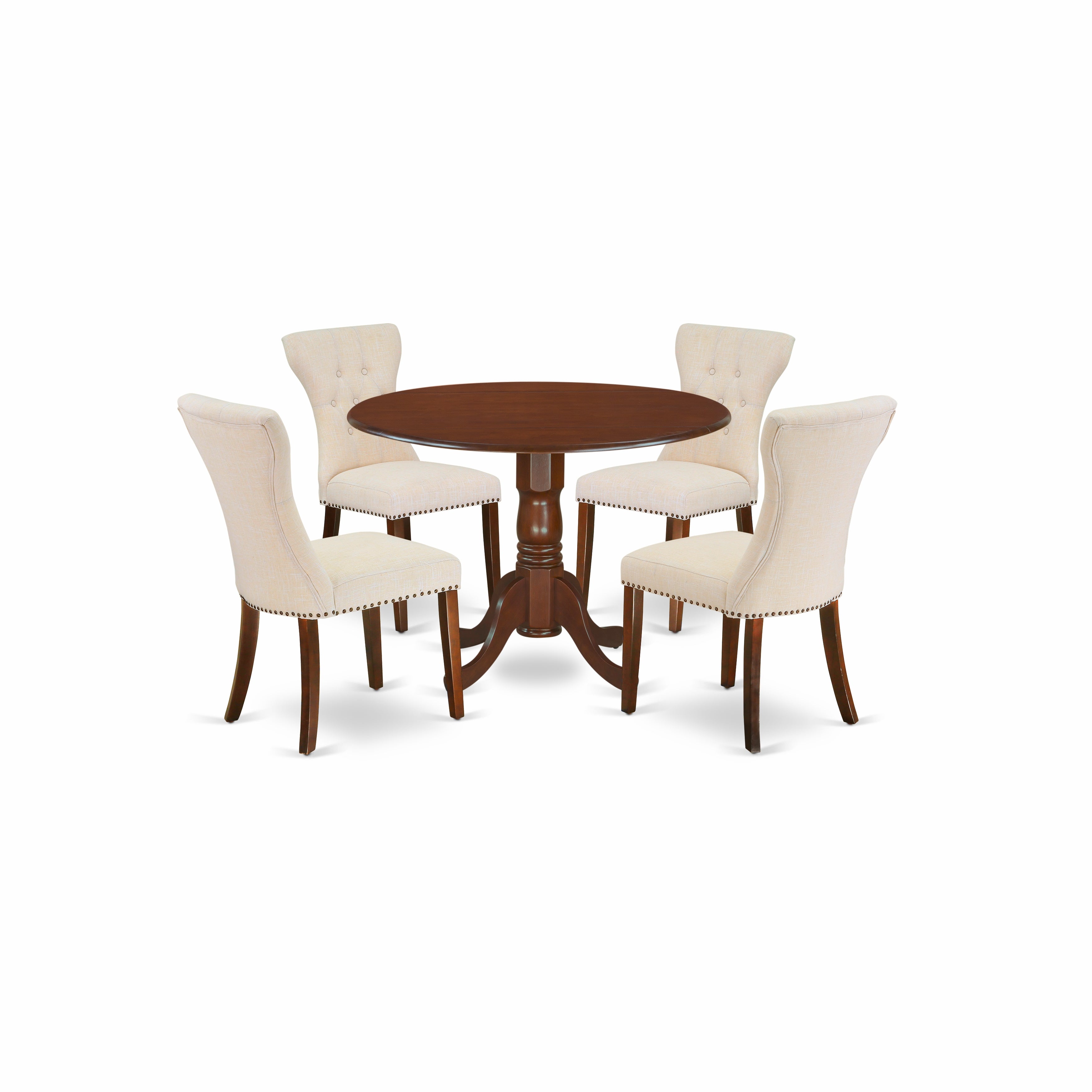 El juego de mesa de comedor de 5 piezas DLGA5-MAH-32 de East West Furniture incluye una mesa de comedor redonda con alas abatibles y 4 sillas tapizadas en tela de lino beige claro.