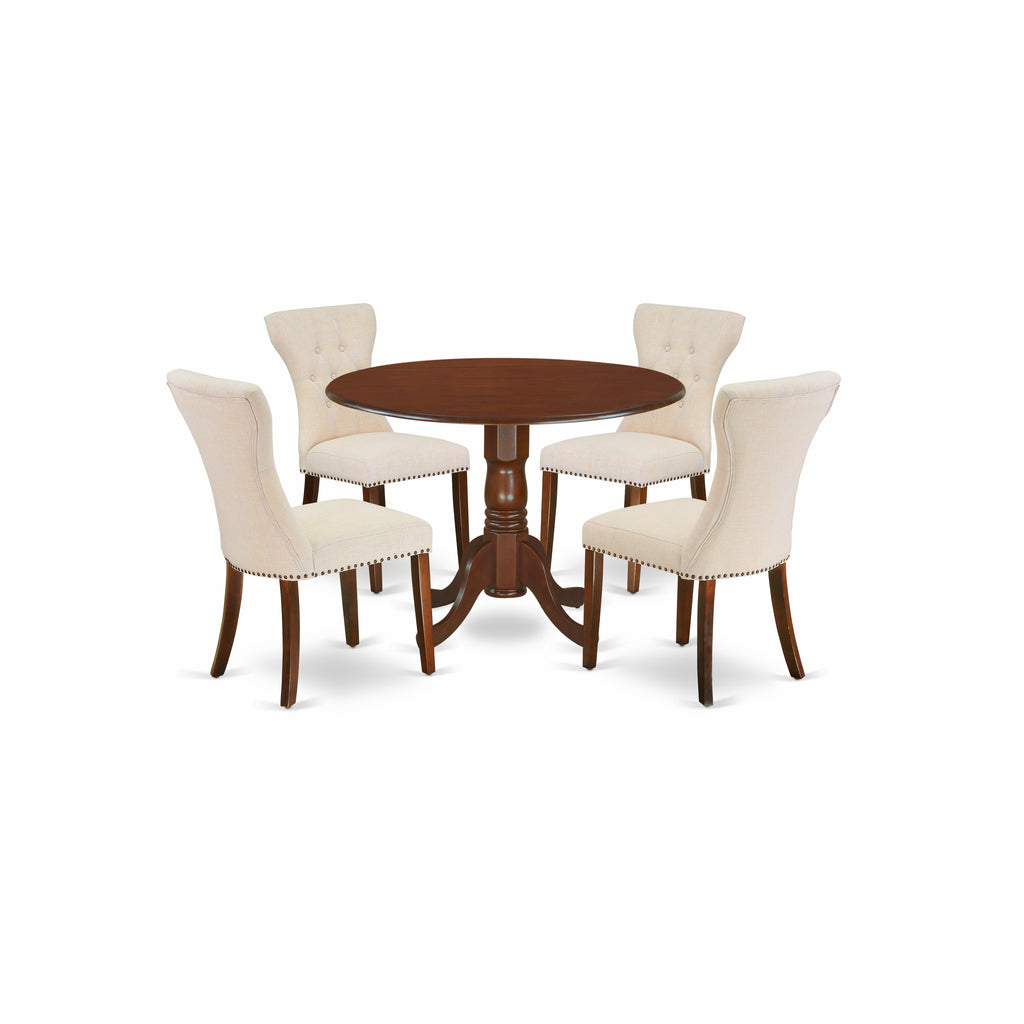 East West Furniture DLGA5-MAH-32 5 Piece Dining Room Table Set Includes a Round Dining Table with Dropleaf and 4 Light Beige Linen Fabric Upholstered Chairs, 42x42 Inch, Mahogany