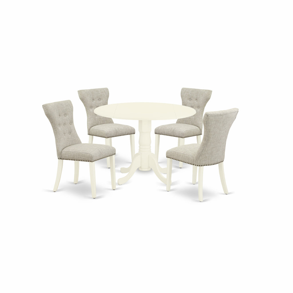 East West Furniture DLGA5-WHI-35 5 Piece Dining Table Set for 4 Includes a Round Kitchen Table with Dropleaf and 4 Doeskin Linen Fabric Parson Dining Room Chairs
