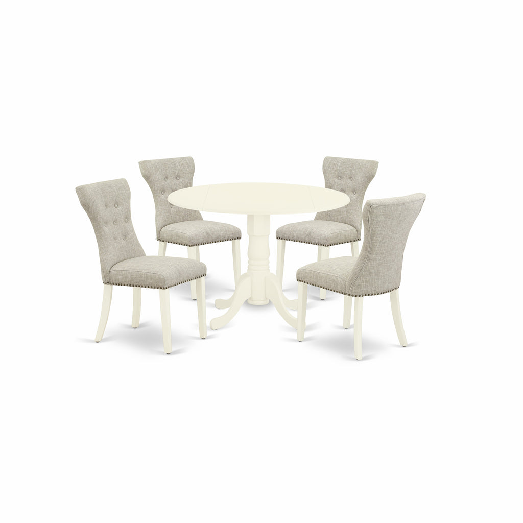 East West Furniture DLGA5-WHI-35 5 Piece Dining Table Set for 4 Includes a Round Kitchen Table with Dropleaf and 4 Doeskin Linen Fabric Parson Dining Room Chairs, 42x42 Inch, Linen White