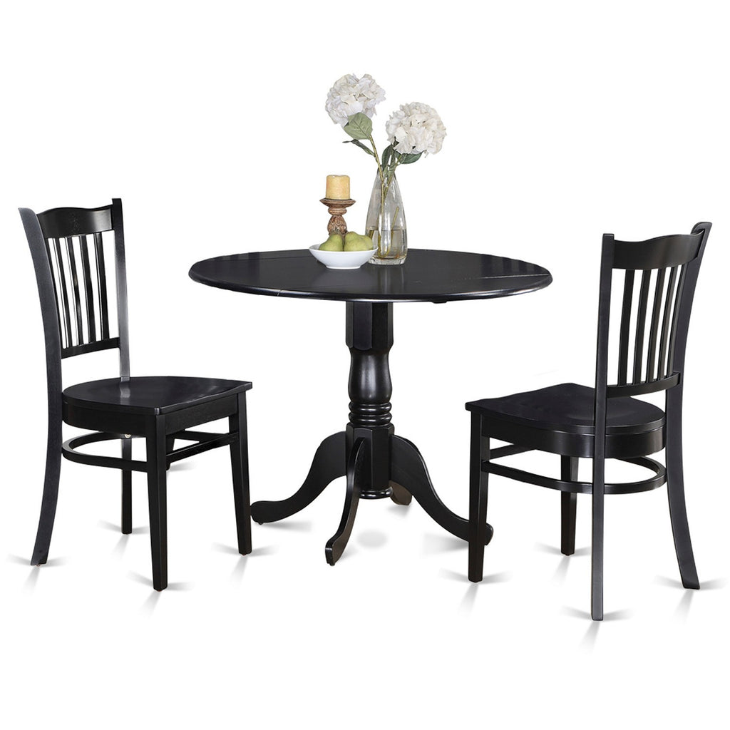 East West Furniture DLGR3-BLK-W 3 Piece Dining Table Set for Small Spaces Contains a Round Dining Room Table with Dropleaf and 2 Wood Seat Chairs, 42x42 Inch, Black