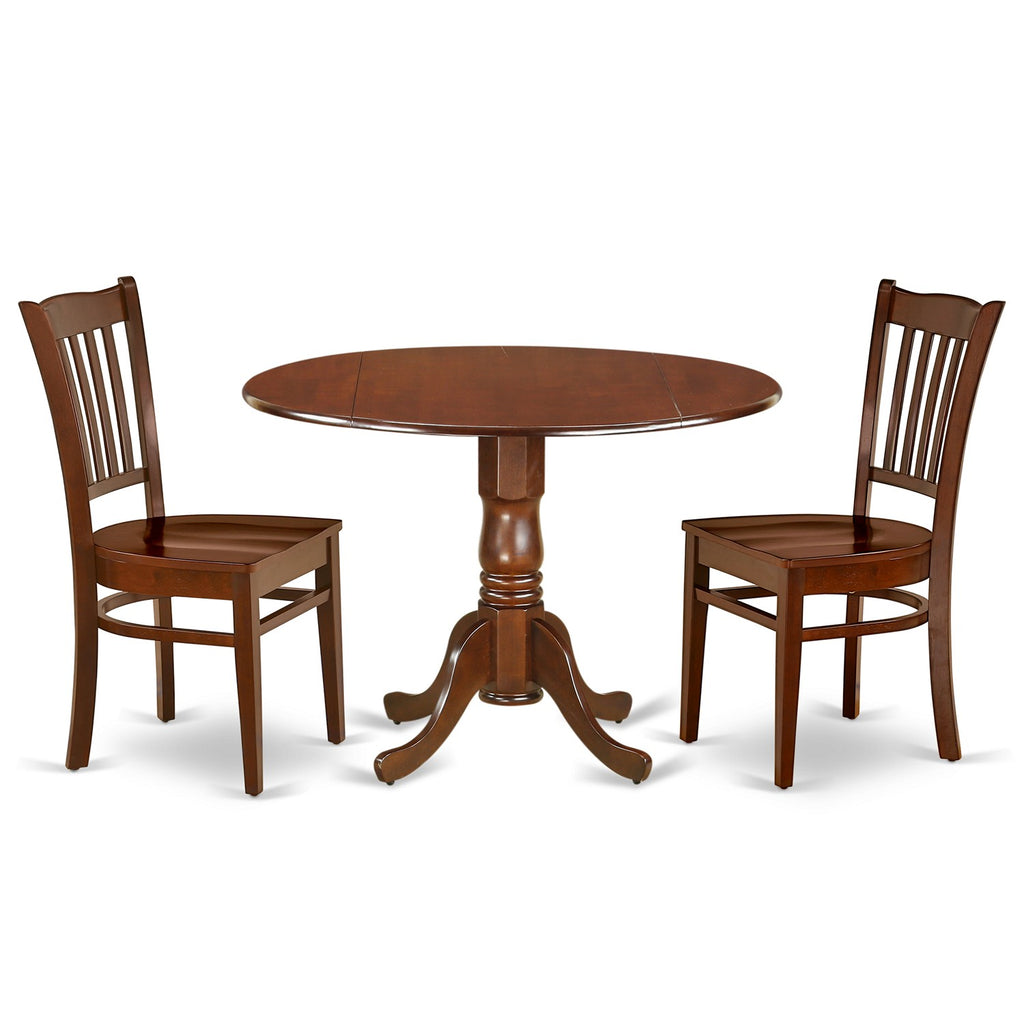 Juego de mesa de comedor de 3 piezas DLGR3-MAH-W de East West Furniture. Contiene una mesa de cocina redonda con alas abatibles y 2 sillas de comedor.