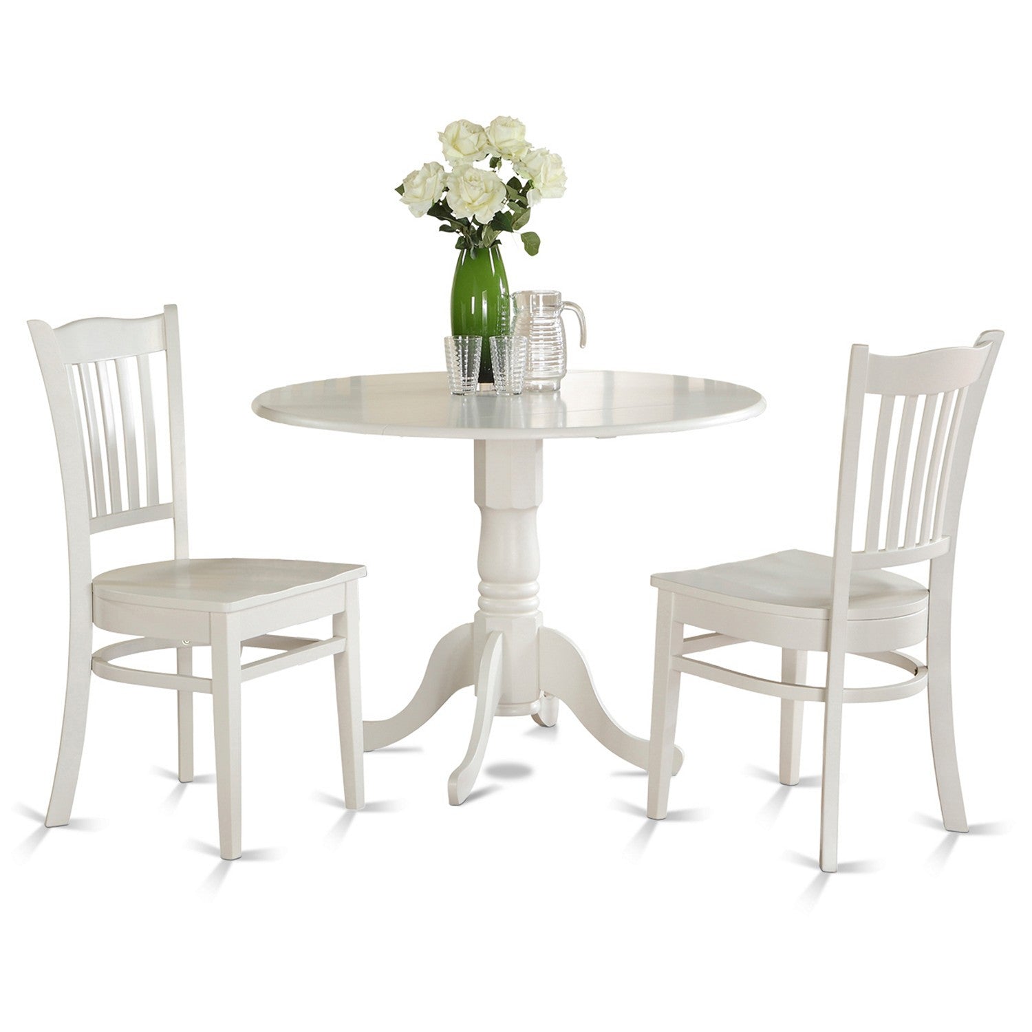 Juego de mesa de comedor de 3 piezas East West Furniture DLGR3-WHI-W para espacios pequeños. Contiene una mesa de comedor redonda con alas abatibles y 2 sillas con asiento de madera.
