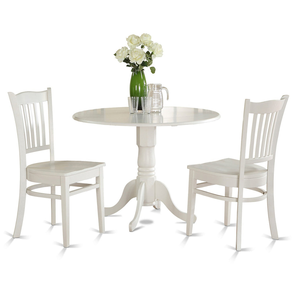East West Furniture DLGR3-WHI-W 3 Piece Dining Table Set for Small Spaces Contains a Round Dining Room Table with Dropleaf and 2 Wood Seat Chairs, 42x42 Inch, Linen White