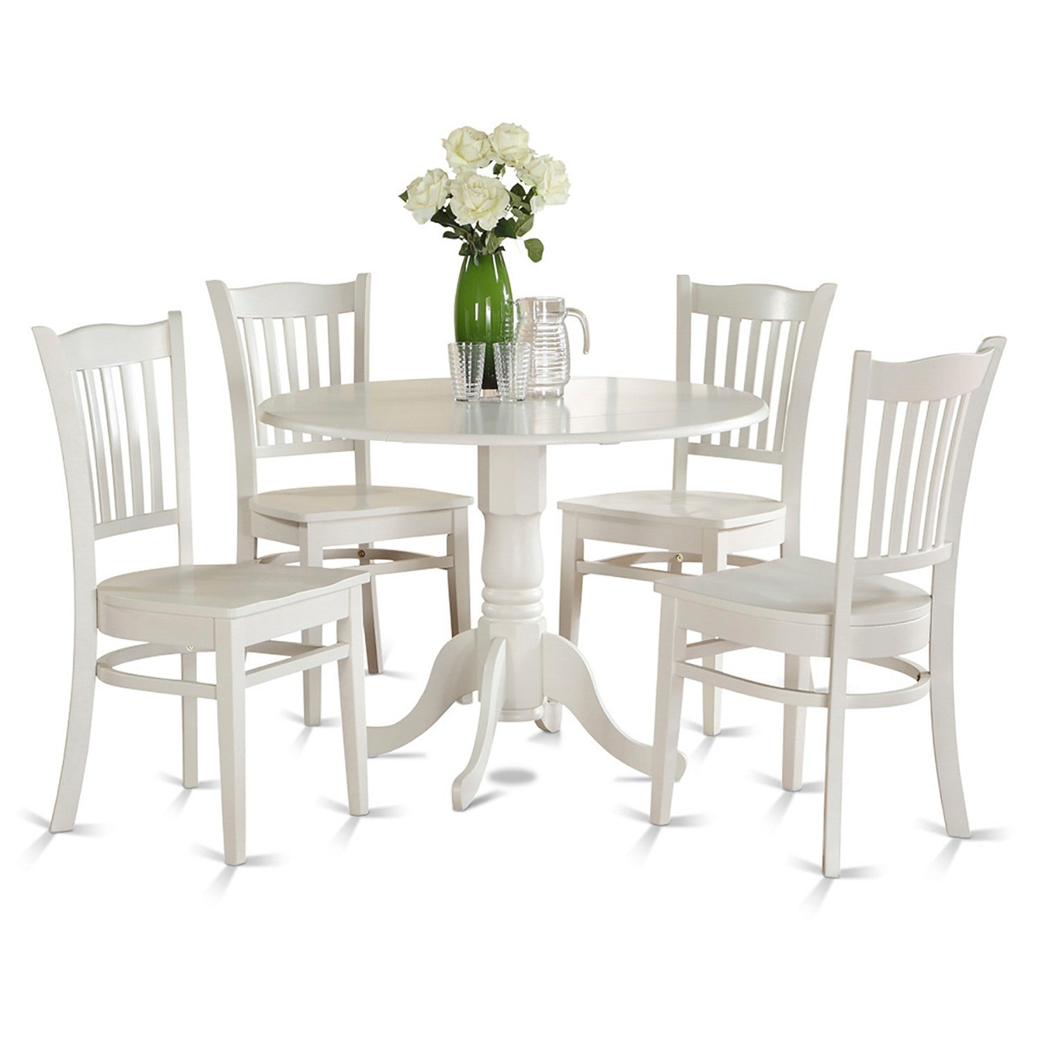 El juego de mesa y sillas de cocina de 5 piezas DLGR5-WHI-W de East West Furniture incluye una mesa de comedor redonda con alas abatibles y 4 sillas de comedor.