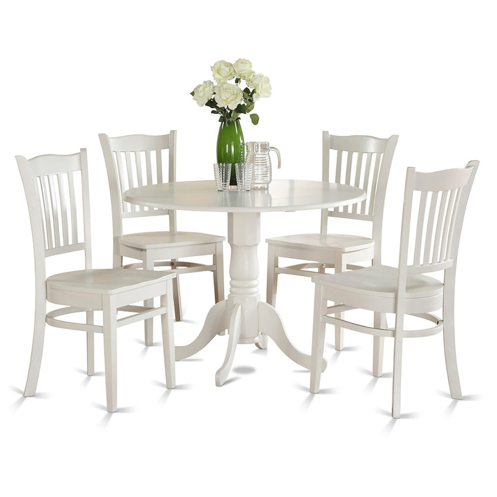 East West Furniture DLGR5-WHI-W 5 Piece Kitchen Table & Chairs Set Includes a Round Dining Room Table with Dropleaf and 4 Dining Chairs