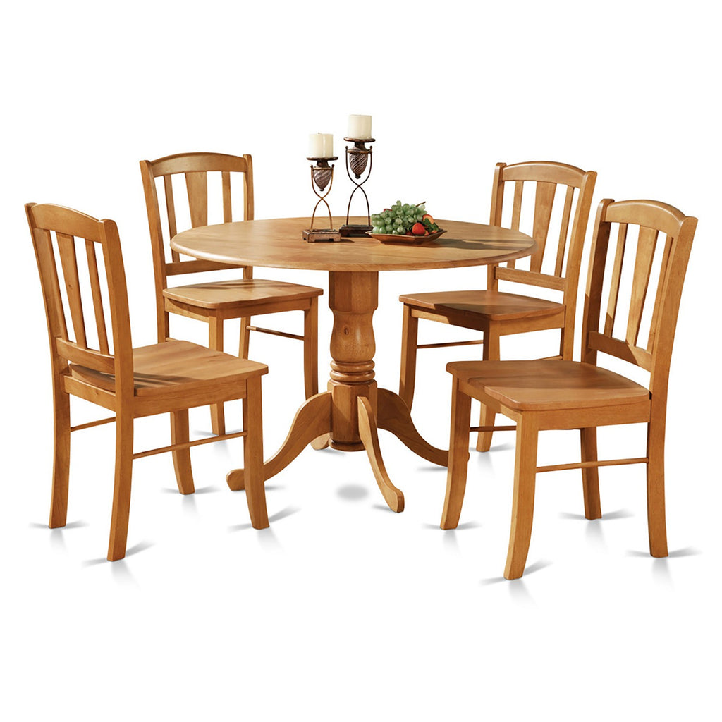 East West Furniture DLIN5-OAK-W 5 Piece Kitchen Table Set for 4 Includes a Round Dining Room Table with Dropleaf and 4 Dining Chairs, 42x42 Inch, Oak