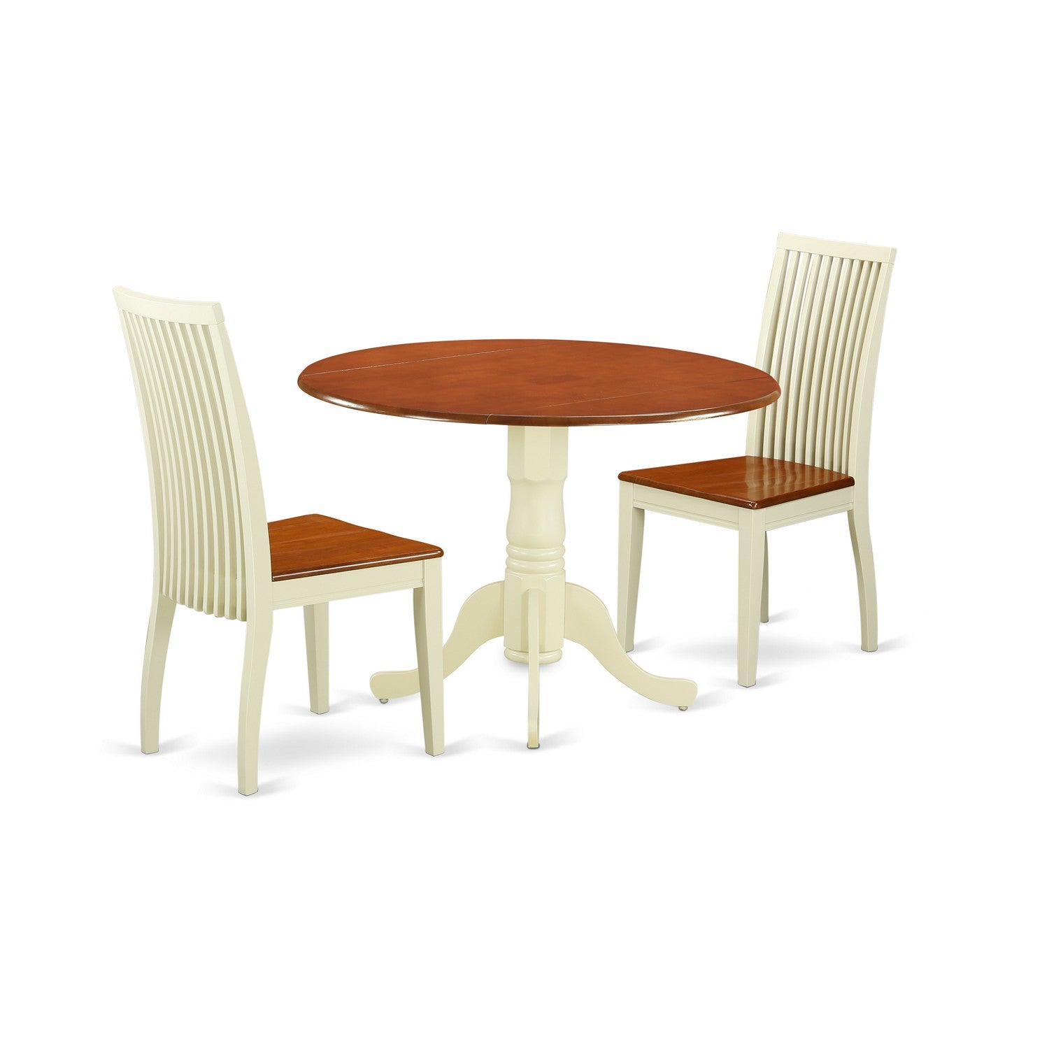Juego de mesa y sillas de cocina de 3 piezas DLIP3-BMK-W de East West Furniture. Incluye una mesa de comedor redonda con alas abatibles y 2 sillas de comedor.