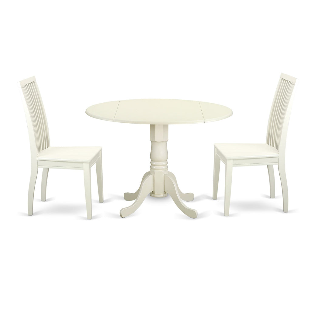 East West Furniture DLIP3-LWH-W 3 Piece Kitchen Table Set for Small Spaces Contains a Round Dining Table with Dropleaf and 2 Dining Room Chairs
