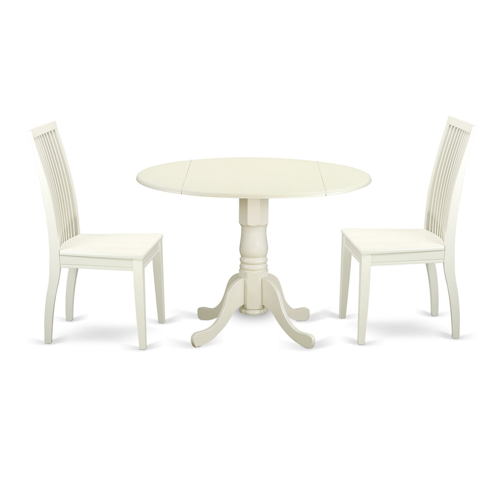 East West Furniture DLIP3-LWH-W 3 Piece Kitchen Table Set for Small Spaces Contains a Round Dining Table with Dropleaf and 2 Dining Room Chairs, 42x42 Inch, Linen White