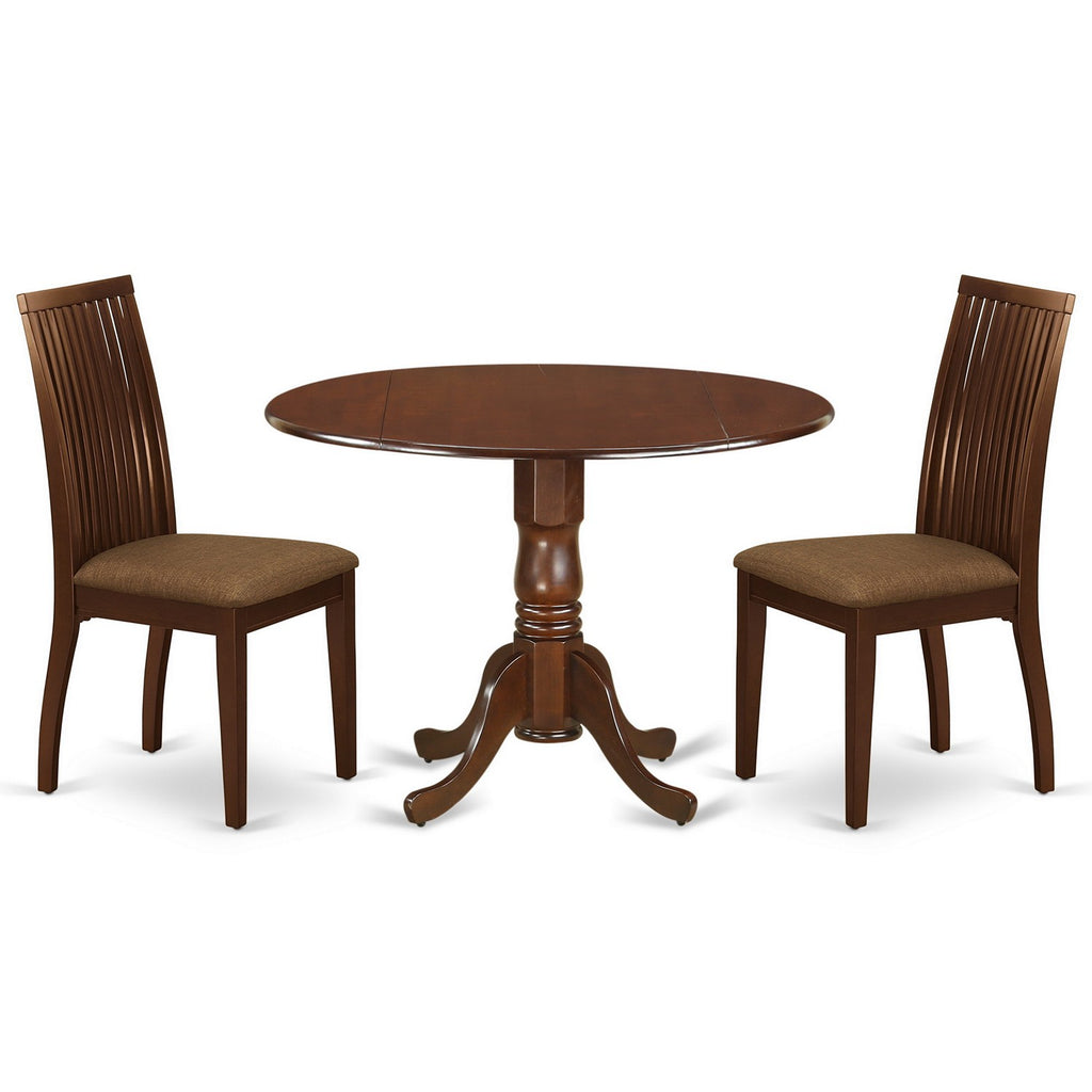 East West Furniture DLIP3-MAH-C 3 Piece Modern Dining Table Set Contains a Round Wooden Table with Dropleaf and 2 Linen Fabric Upholstered Dining Chairs