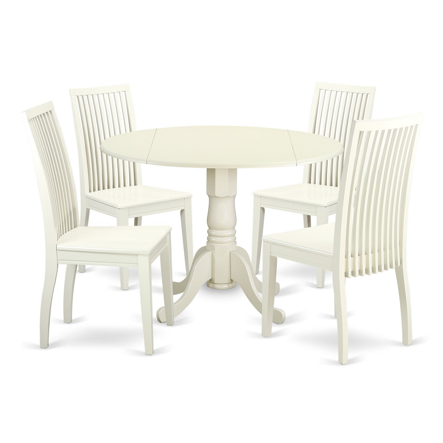 Juego de mesa y sillas de cocina de 5 piezas DLIP5-LWH-W de East West Furniture. Incluye una mesa de comedor redonda con alas abatibles y 4 sillas de comedor.