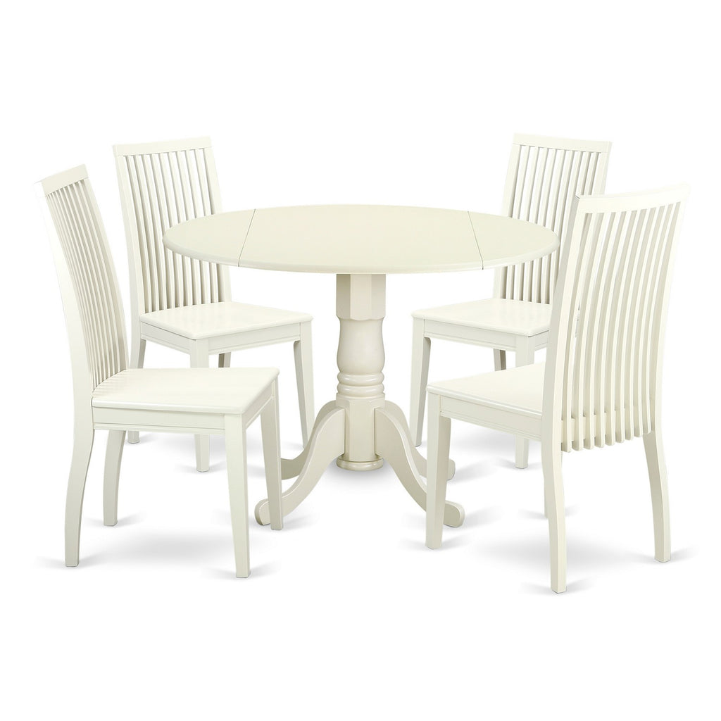 East West Furniture DLIP5-LWH-W 5 Piece Kitchen Table & Chairs Set Includes a Round Dining Table with Dropleaf and 4 Dining Room Chairs
