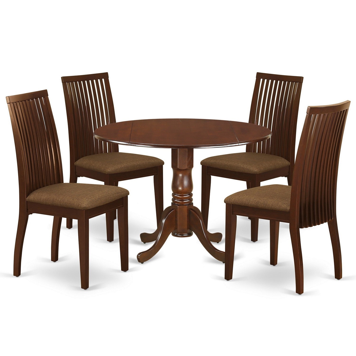 El juego de mesa de comedor moderno de 5 piezas DLIP5-MAH-C de East West Furniture incluye una mesa redonda de madera con alas abatibles y 4 sillas de comedor de tela de lino.