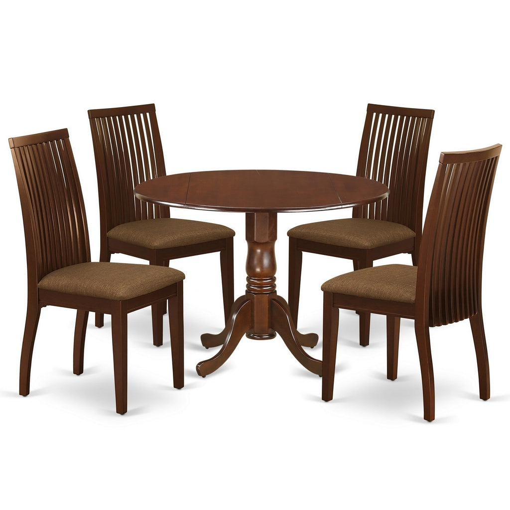 East West Furniture DLIP5-MAH-C 5 Piece Modern Dining Table Set Includes a Round Wooden Table with Dropleaf and 4 Linen Fabric Dining Room Chairs