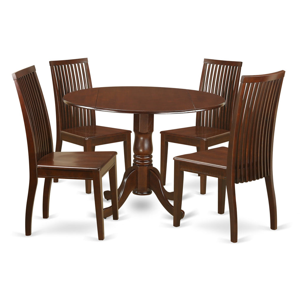 East West Furniture DLIP5-MAH-W 5 Piece Dining Room Furniture Set Includes a Round Kitchen Table with Dropleaf and 4 Dining Chairs