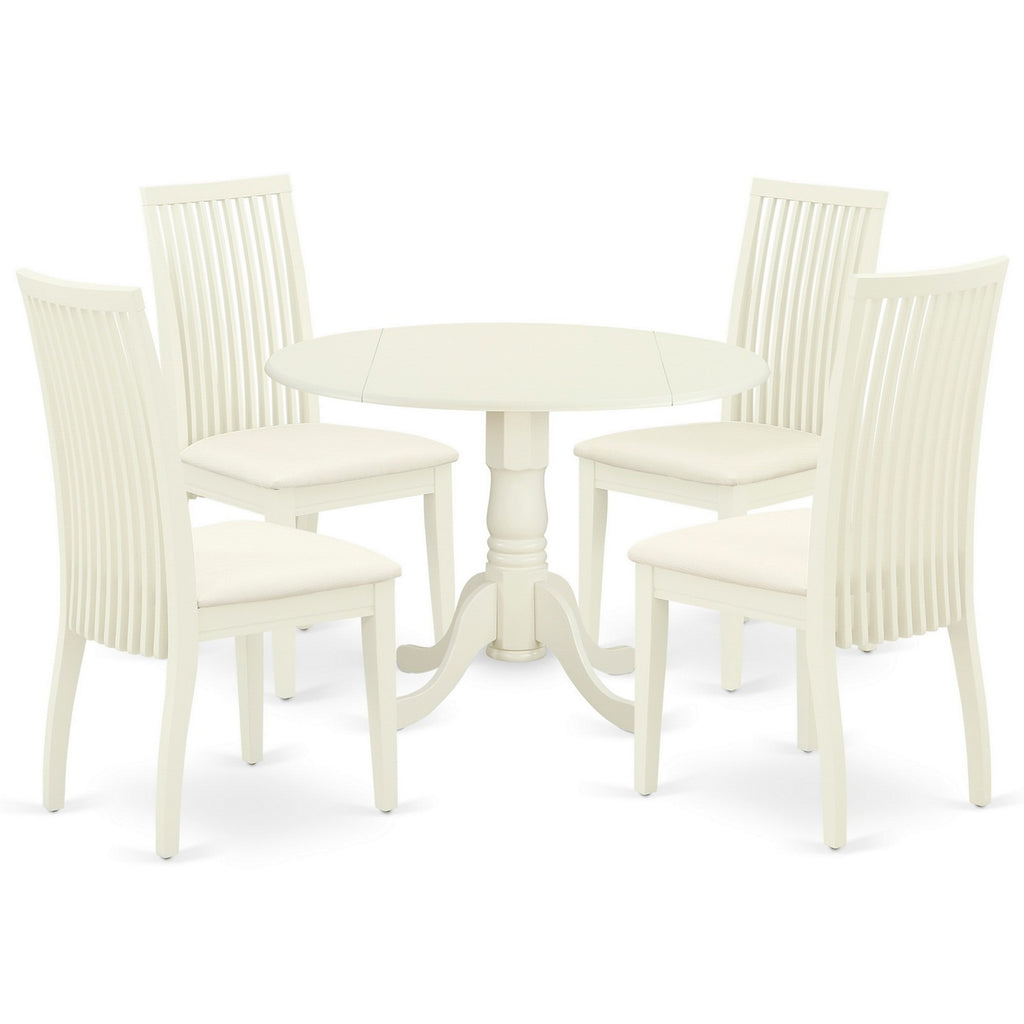 East West Furniture DLIP5-WHI-C 5 Piece Kitchen Table & Chairs Set Includes a Round Dining Table with Dropleaf and 4 Linen Fabric Dining Room Chairs