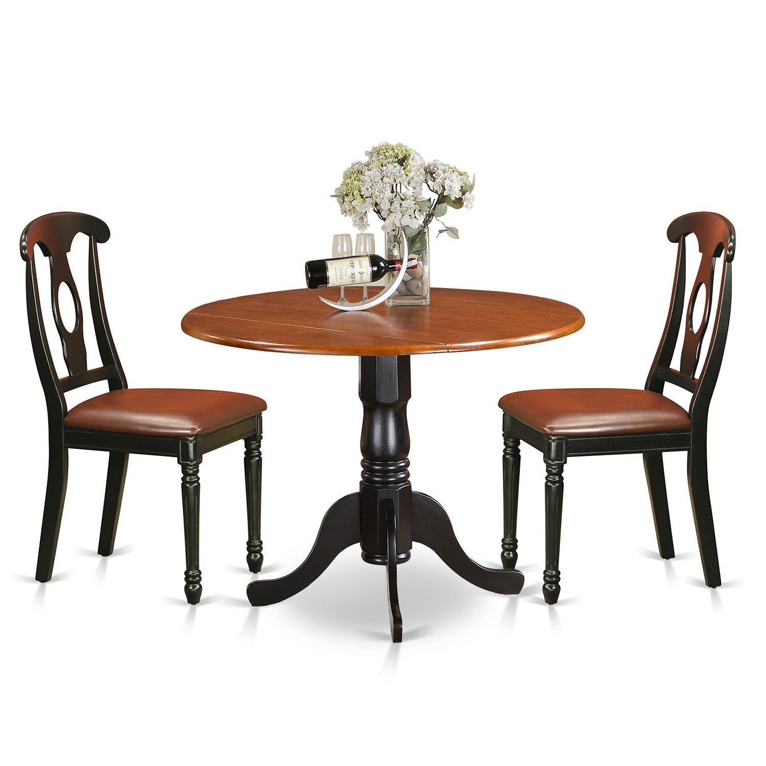 El juego de mesa de comedor moderno de 3 piezas DLKE3-BCH-LC de East West Furniture incluye una mesa redonda de madera con alas abatibles y dos sillas de comedor de cocina de cuero sintético.