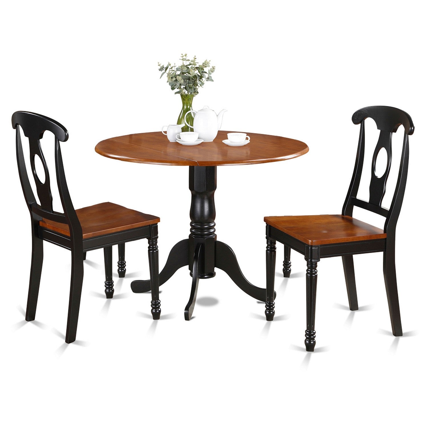 Juego de comedor de 3 piezas DLKE3-BCH-W de East West Furniture. Contiene una mesa de comedor redonda con alas abatibles y 2 sillas de cocina.