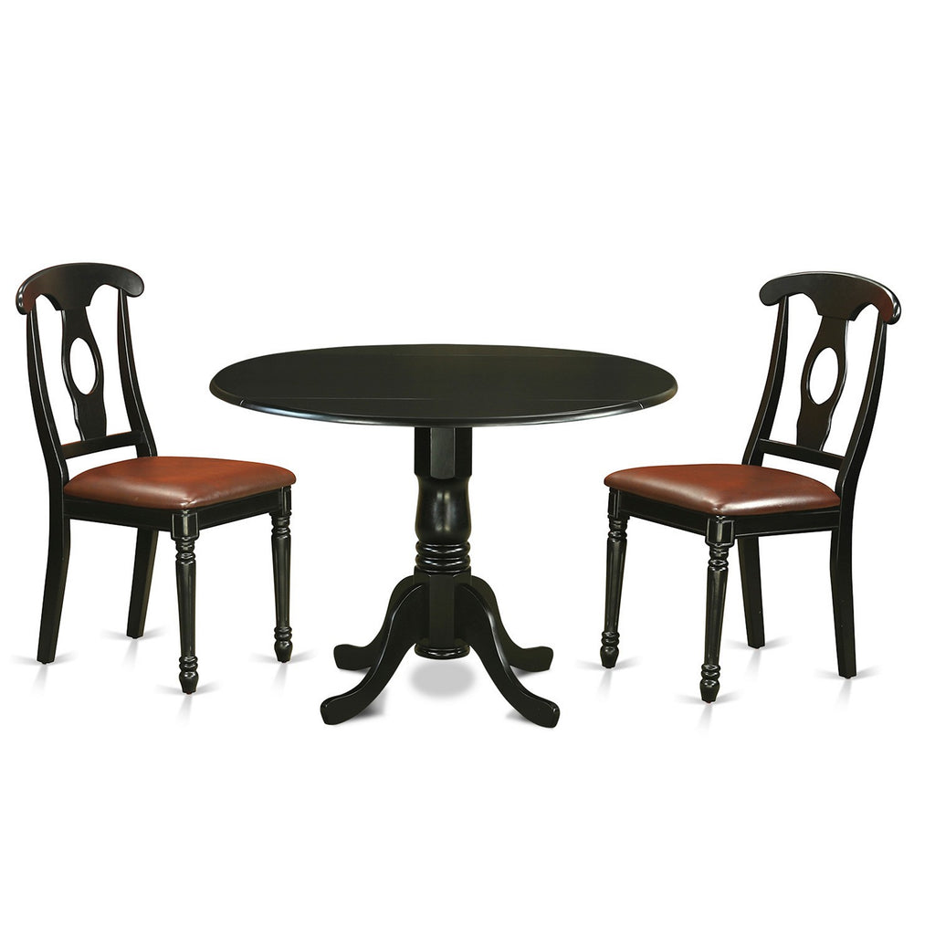 El juego de mesa y sillas de cocina de 3 piezas DLKE3-BLK-LC de East West Furniture incluye una mesa de comedor redonda con alas abatibles y 2 sillas de comedor de piel sintética.