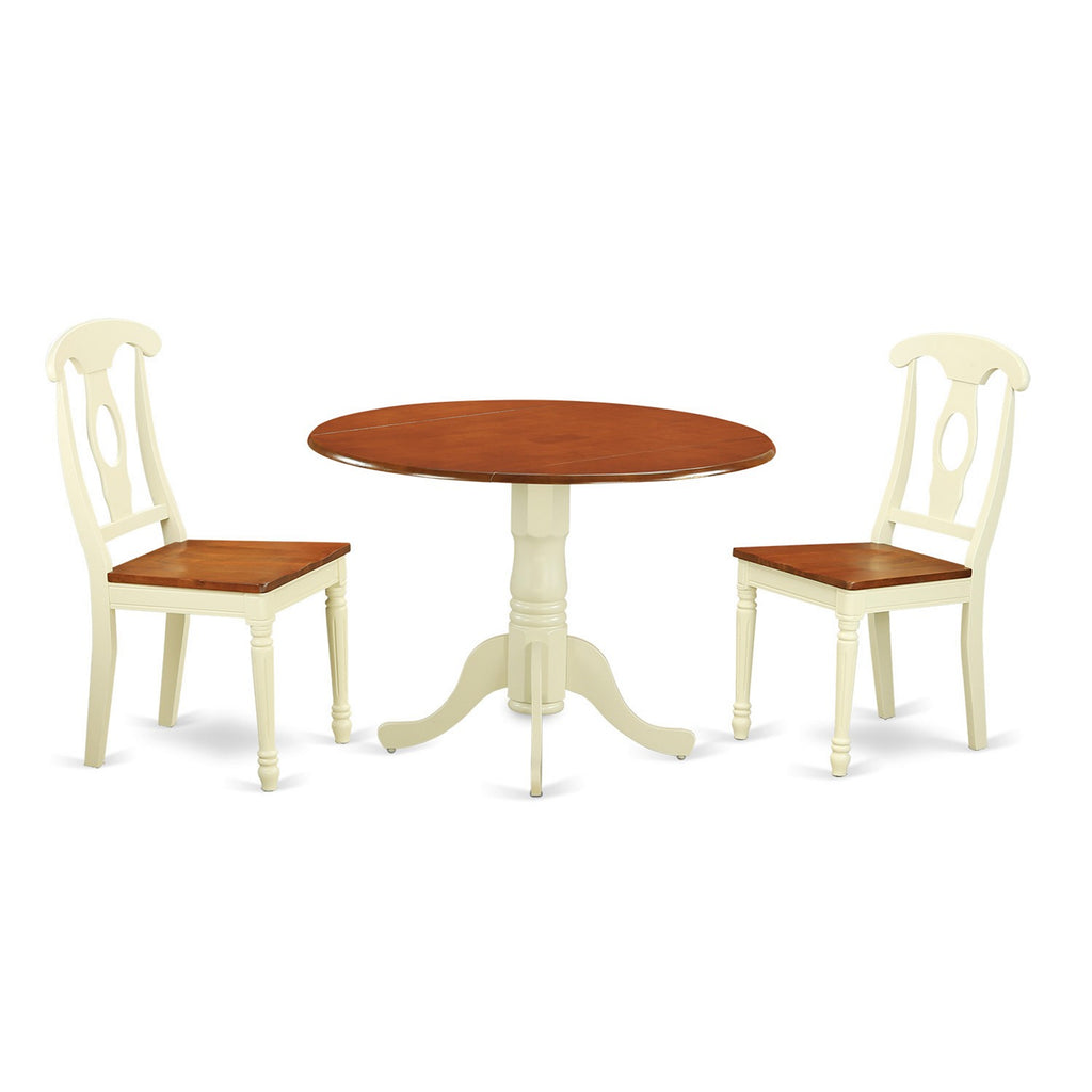 Juego de comedor de 3 piezas East West Furniture DLKE3-BMK-W para espacios pequeños. Contiene una mesa de comedor redonda con alas abatibles y 2 sillas de comedor.