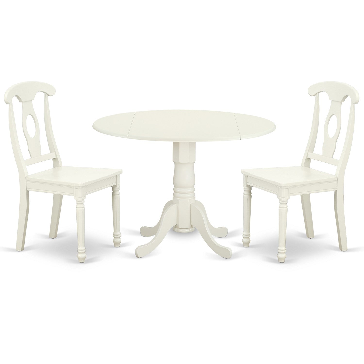 El juego de mesa de comedor de 3 piezas DLKE3-LWH-W de East West Furniture incluye una mesa de cocina redonda con alas abatibles y 2 sillas de comedor.