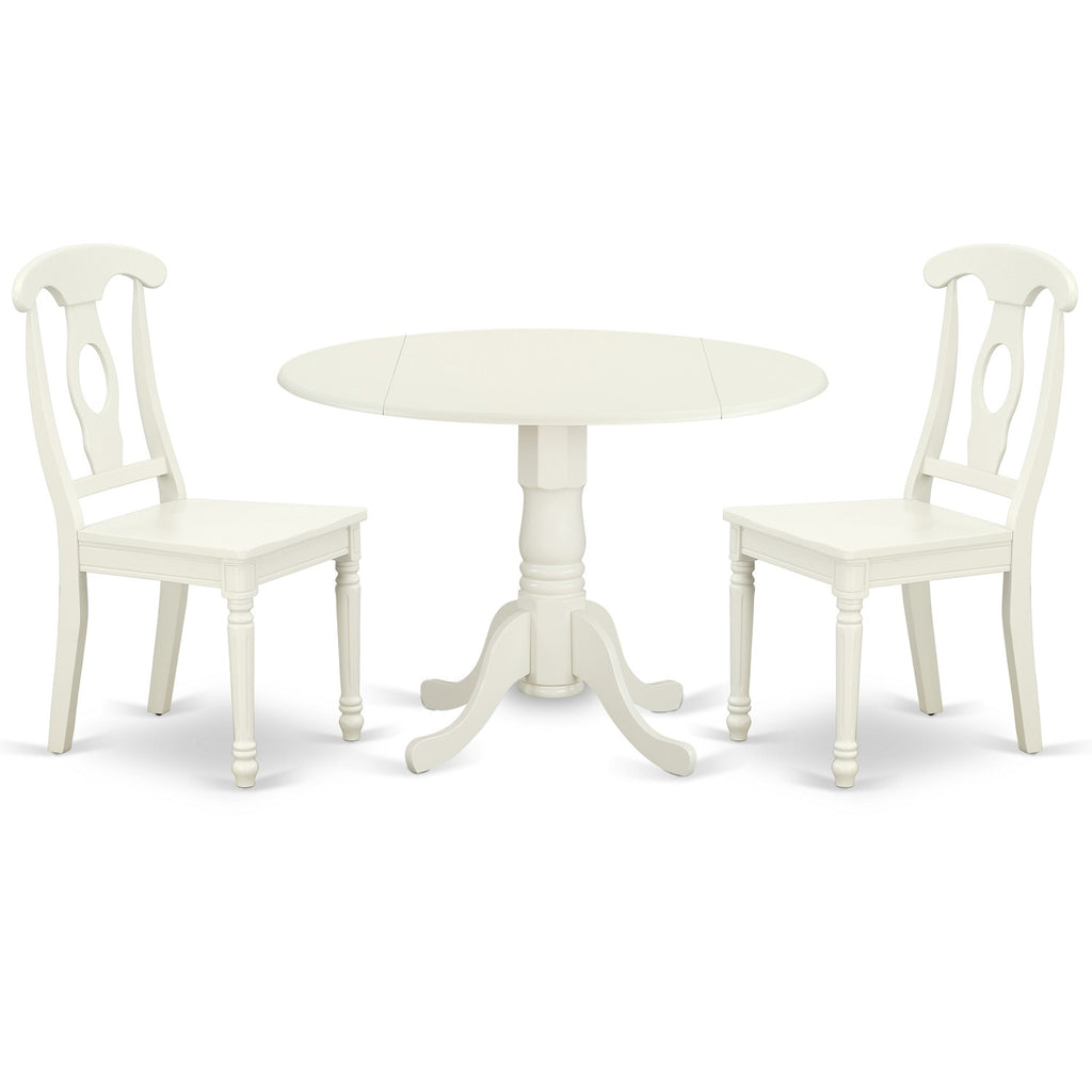 El juego de mesa de comedor de 3 piezas DLKE3-LWH-W de East West Furniture incluye una mesa de cocina redonda con alas abatibles y 2 sillas de comedor.