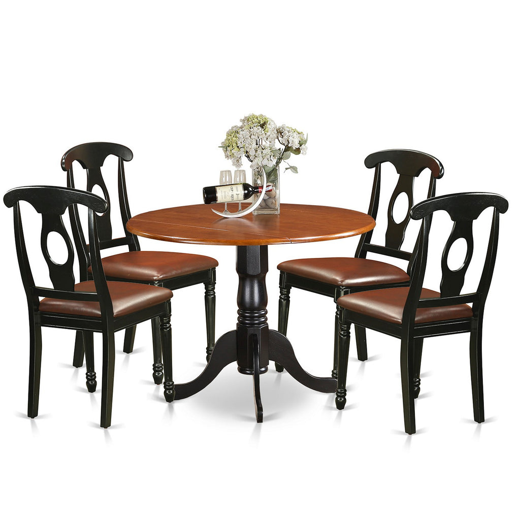 Juego de mesa de comedor de 5 piezas para 4 personas East West Furniture DLKE5-BCH-LC. Incluye una mesa de cocina redonda con alas abatibles y 4 sillas de comedor tapizadas en piel sintética.