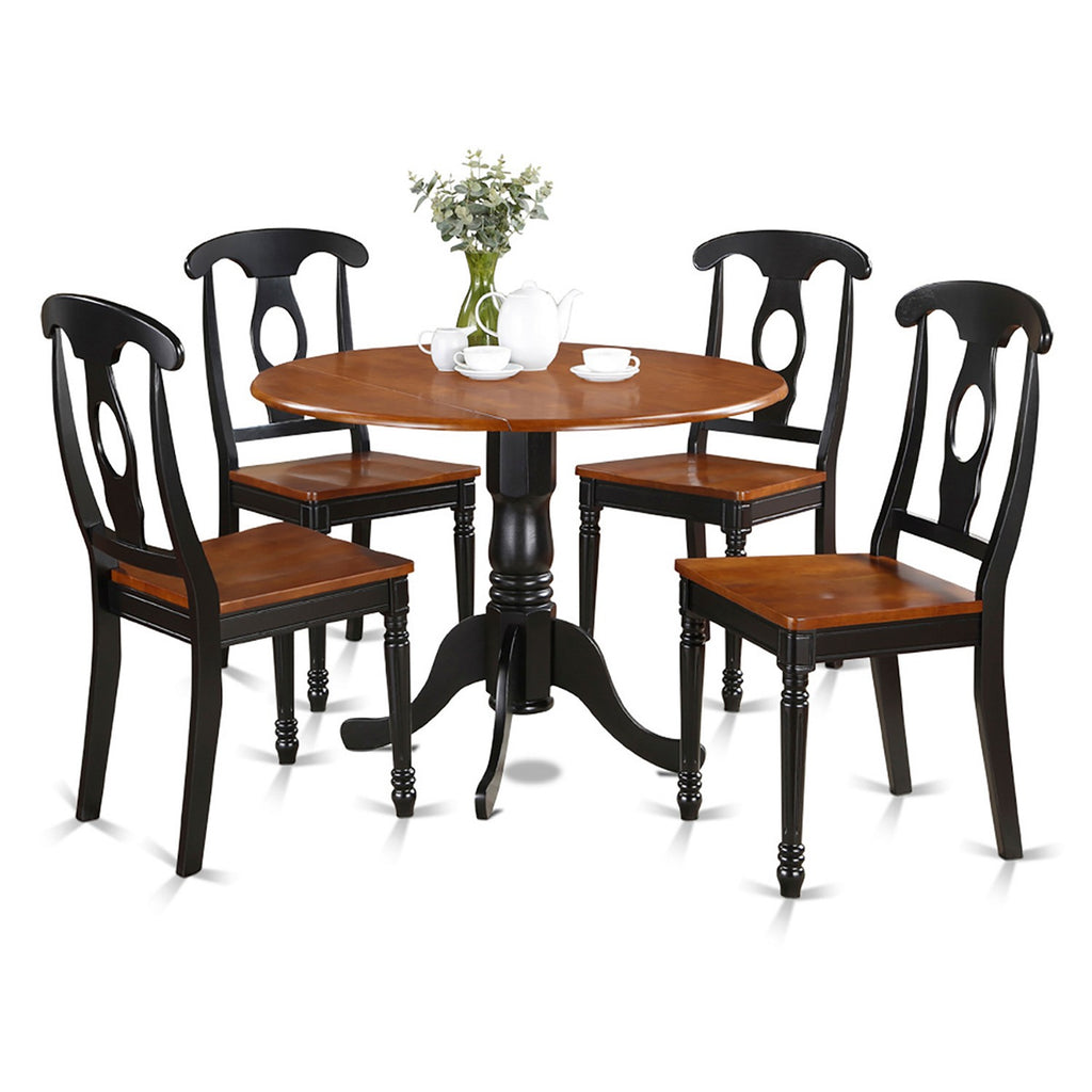 El juego de comedor de 5 piezas East West Furniture DLKE5-BCH-W incluye una mesa de comedor redonda con alas abatibles y 4 sillas con asiento de madera.