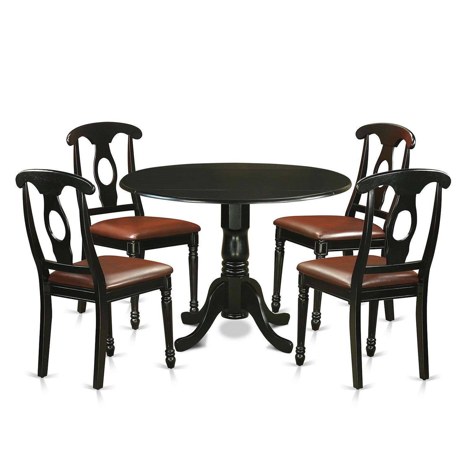 Juego de comedor de 5 piezas East West Furniture DLKE5-BLK-LC para 4 personas. Incluye una mesa de comedor redonda con alas abatibles y 4 sillas de comedor de cuero sintético.
