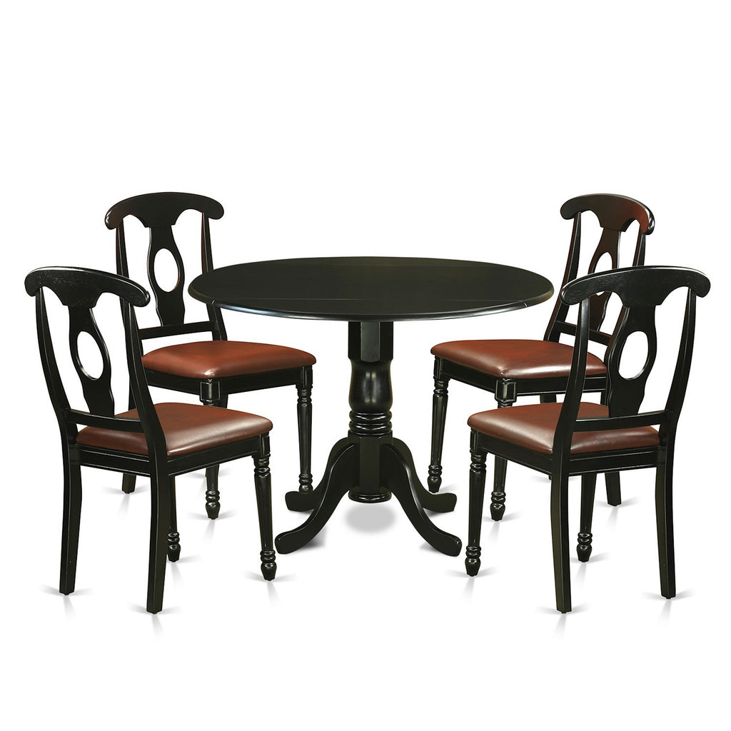 Juego de comedor de 5 piezas East West Furniture DLKE5-BLK-LC para 4 personas. Incluye una mesa de comedor redonda con alas abatibles y 4 sillas de comedor de cuero sintético.
