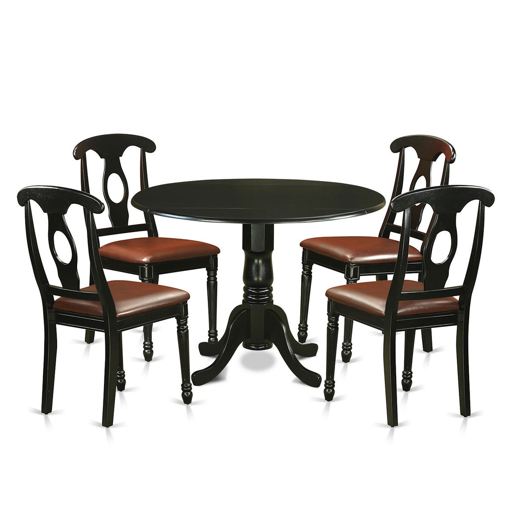 East West Furniture DLKE5-BLK-LC 5 Piece Dinette Set for 4 Includes a Round Dining Table with Dropleaf and 4 Faux Leather Dining Room Chairs, 42x42 Inch, Black