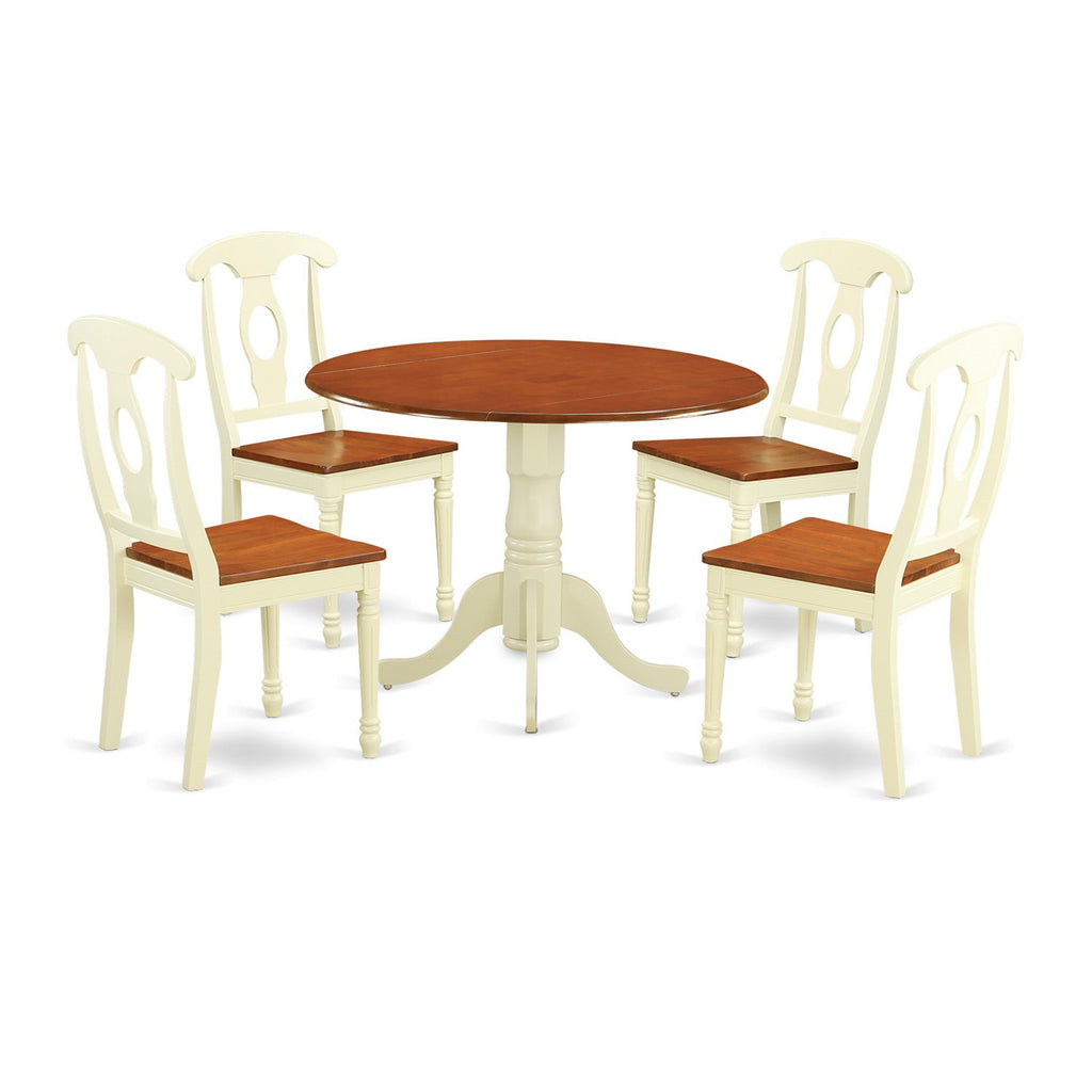 El juego de comedor de 5 piezas East West Furniture DLKE5-BMK-W incluye una mesa de cocina redonda con alas abatibles y 4 sillas de comedor.