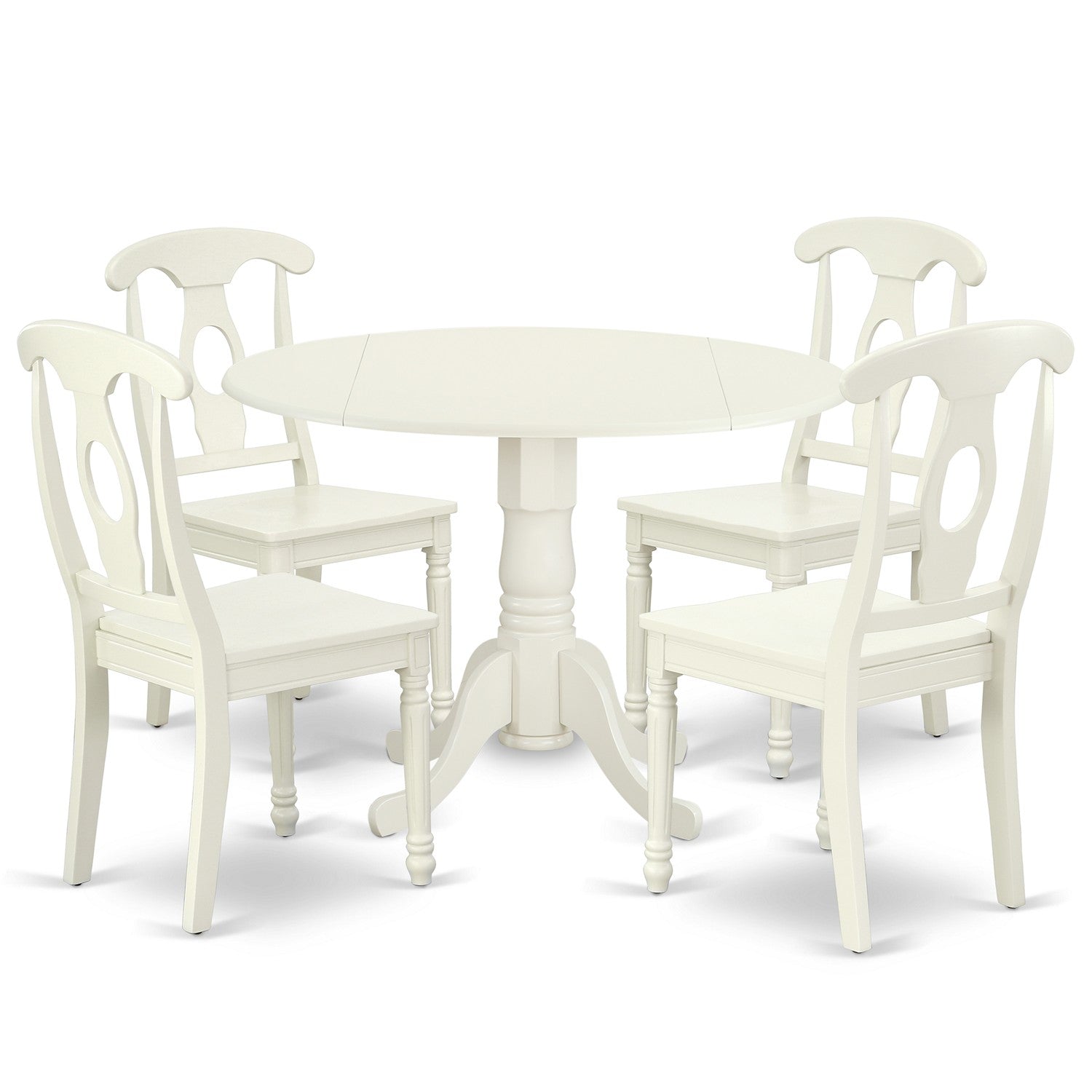 DLKE5-LWH-W 5PC Round 42 inch Table with Two 9-Inch Drop Leaves and 4 Panel Back Chairs