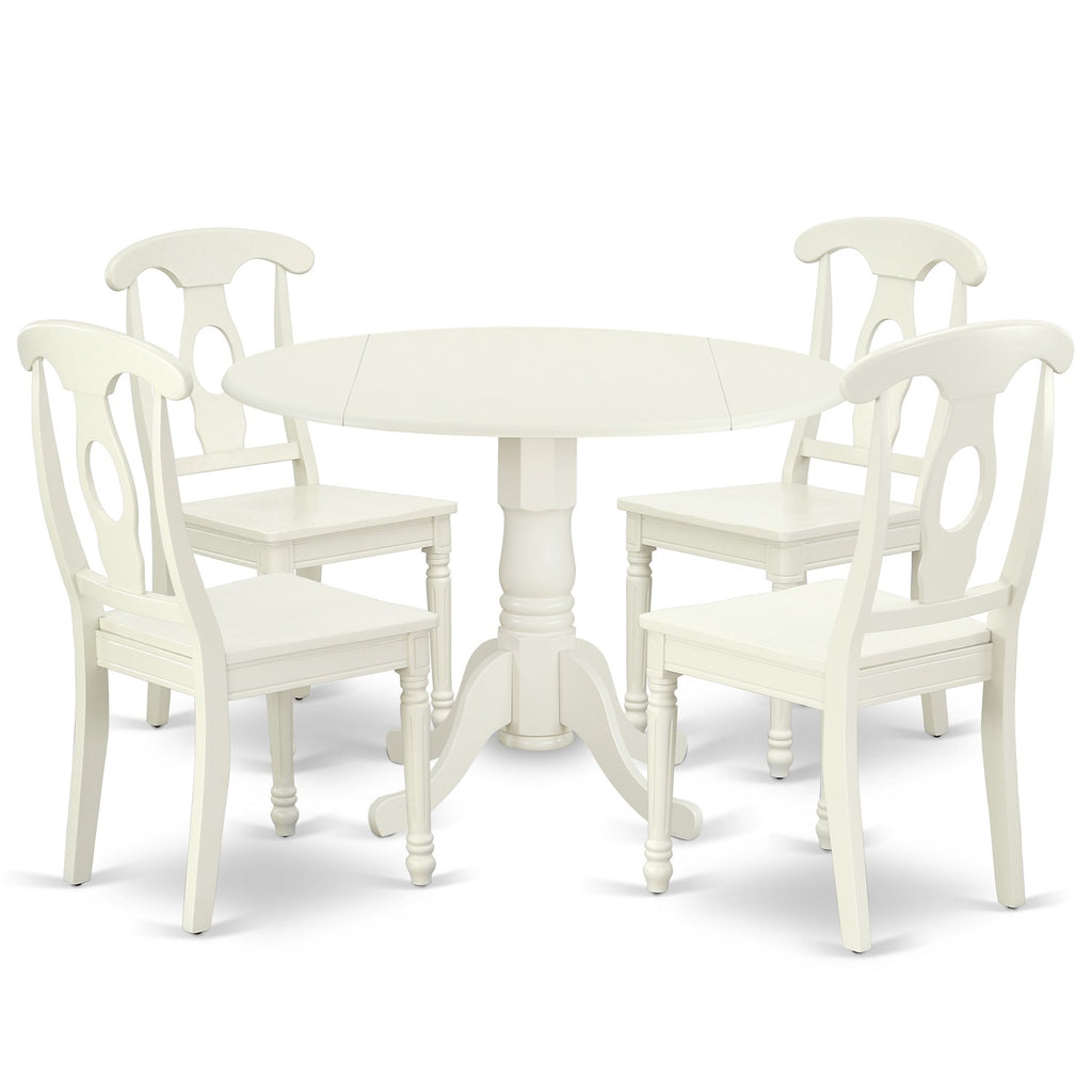 El juego de comedor de 5 piezas East West Furniture DLKE5-LWH-W incluye una mesa de cocina redonda con alas abatibles y 4 sillas de comedor.