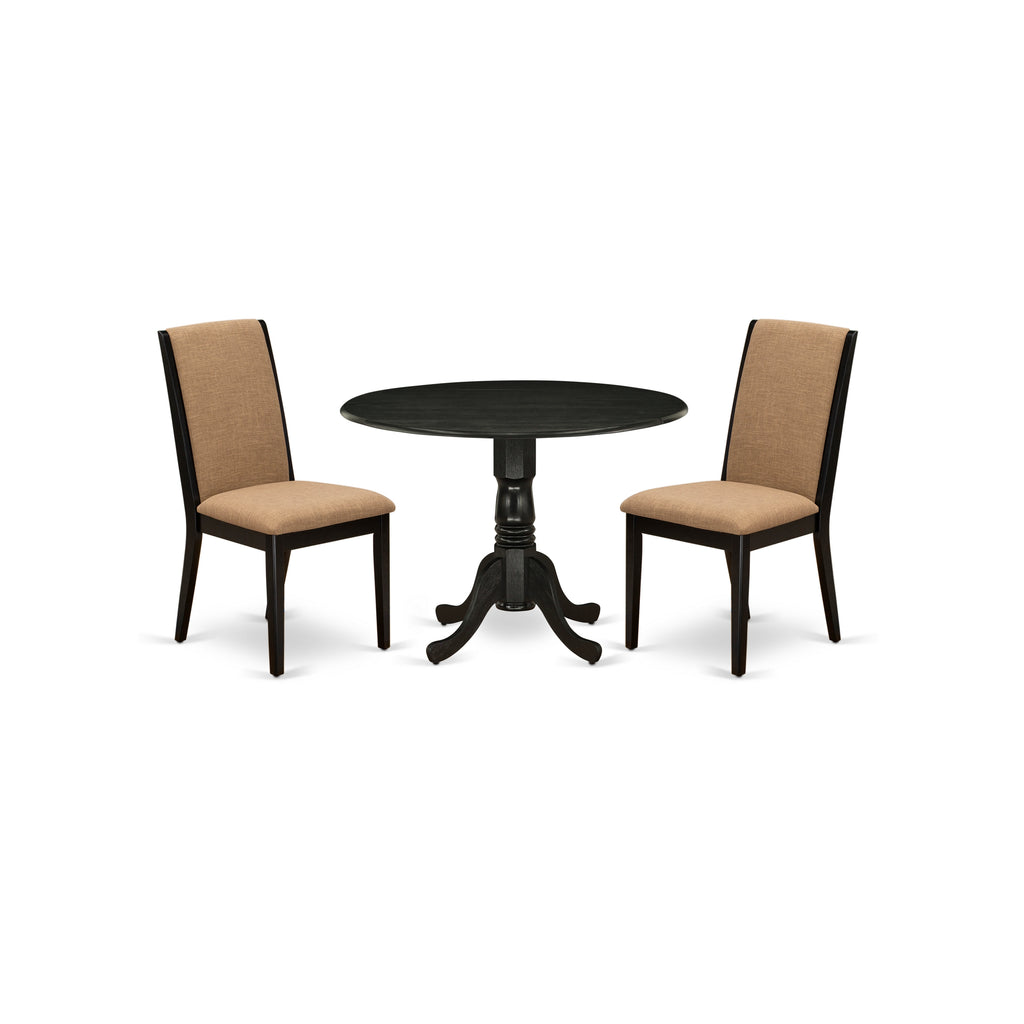 East West Furniture DLLA3-ABK-47 3 Piece Dining Room Table Set  Contains a Round Kitchen Table with Dropleaf and 2 Light Sable Linen Fabric Parson Dining Chairs