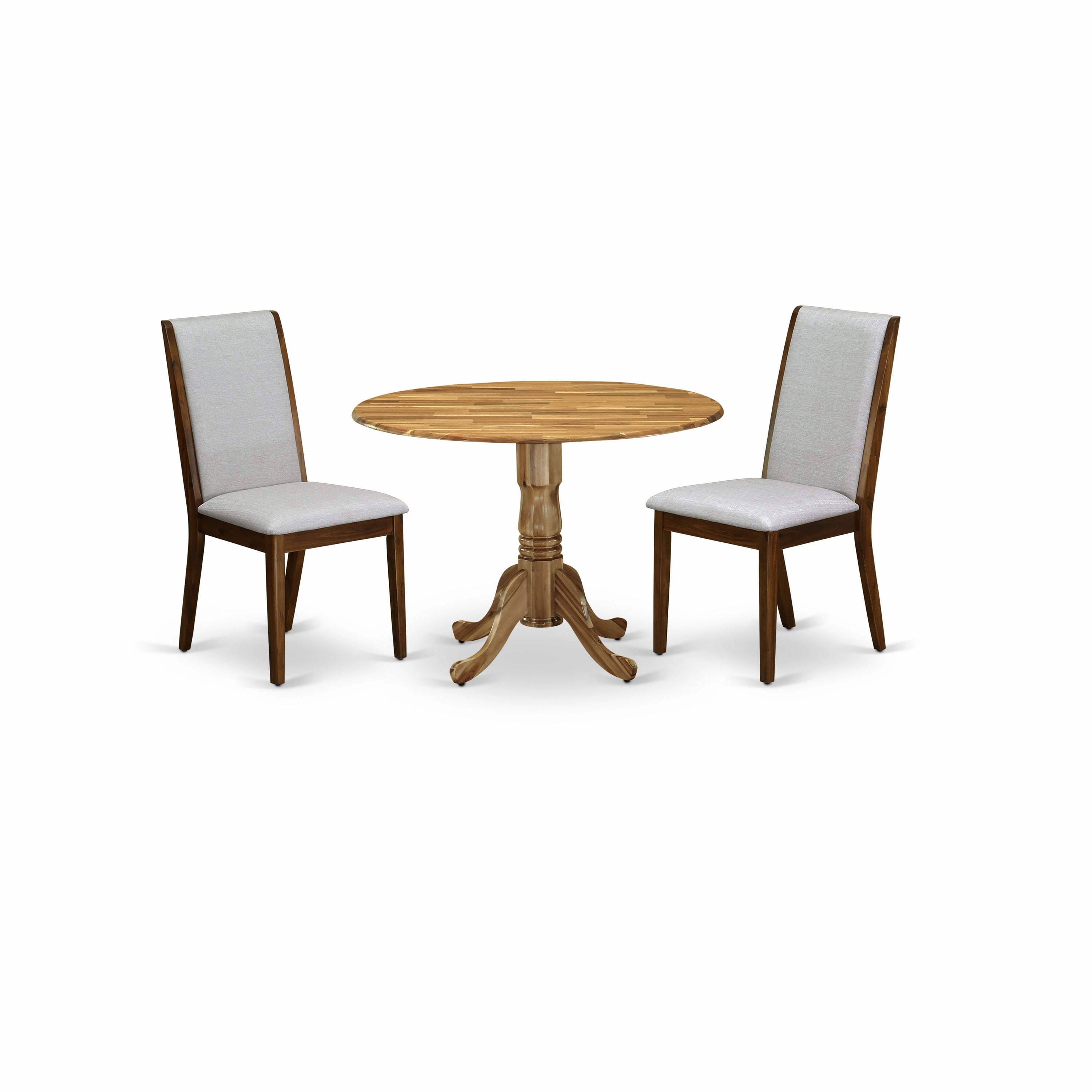 East West Furniture DLLA3-ANA-05 3-Pc Round Dining Table Set Included a Living Room Table & 2 Kitchen Chairs, Grey Linen Fabric Upholstered Dining Chairs Seat with Rubber Wood Legs, Natural Finish