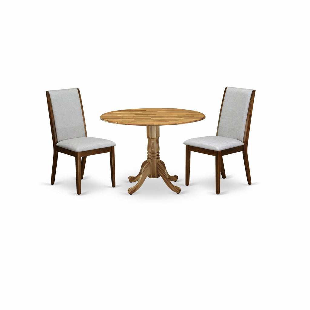 East West Furniture DLLA3-ANA-05 3 Piece Dining Room Furniture Set Contains a Round Dining Table with Dropleaf and 2 Grey Linen Fabric Upholstered Chairs